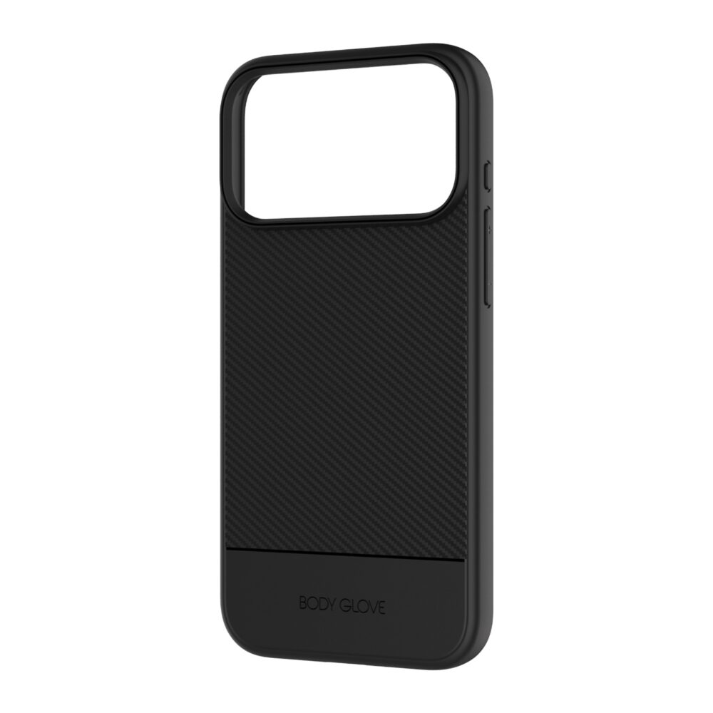 Angled rear view of the black Body Glove Astrx Case for iPhone 18 Pro Max and 17 Pro Max showing the carbon fibre patterned back