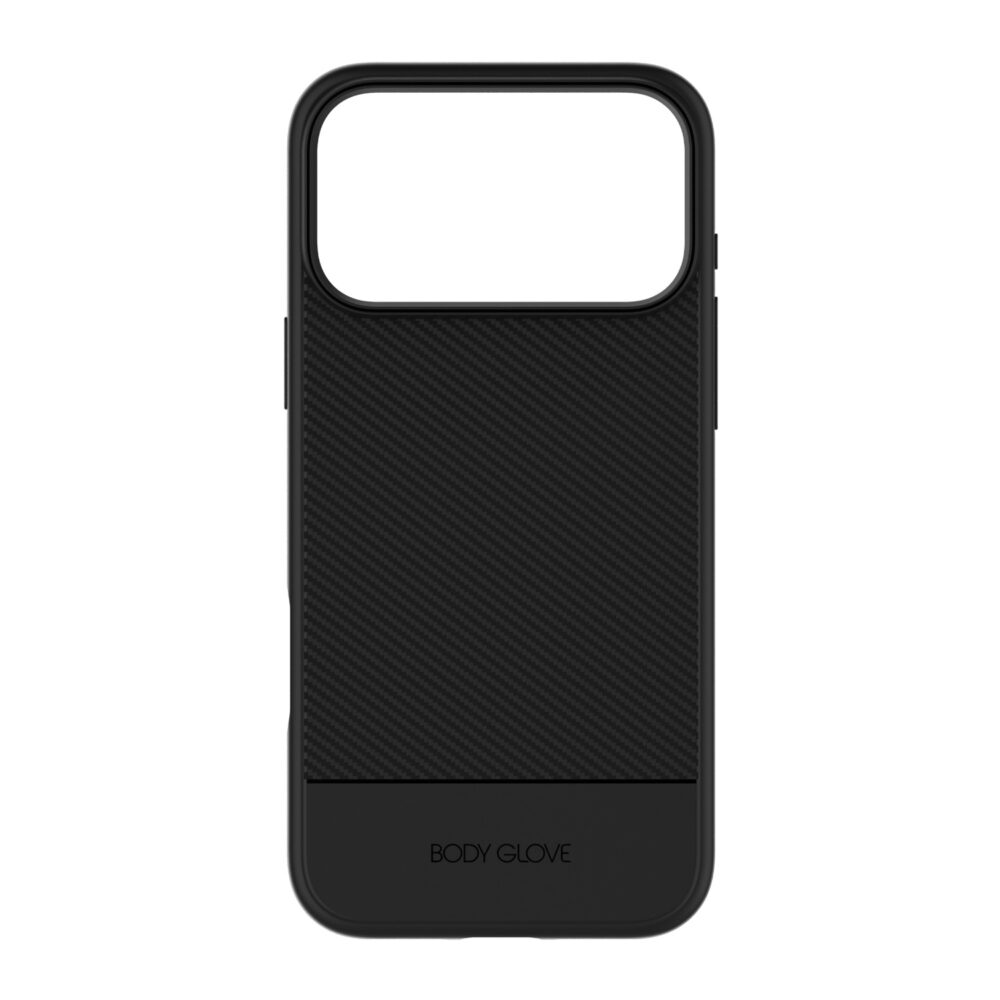 Black Body Glove Astrx Case for iPhone 18 Pro Max and 17 Pro Max shown from the rear with its carbon fibre pattern visible