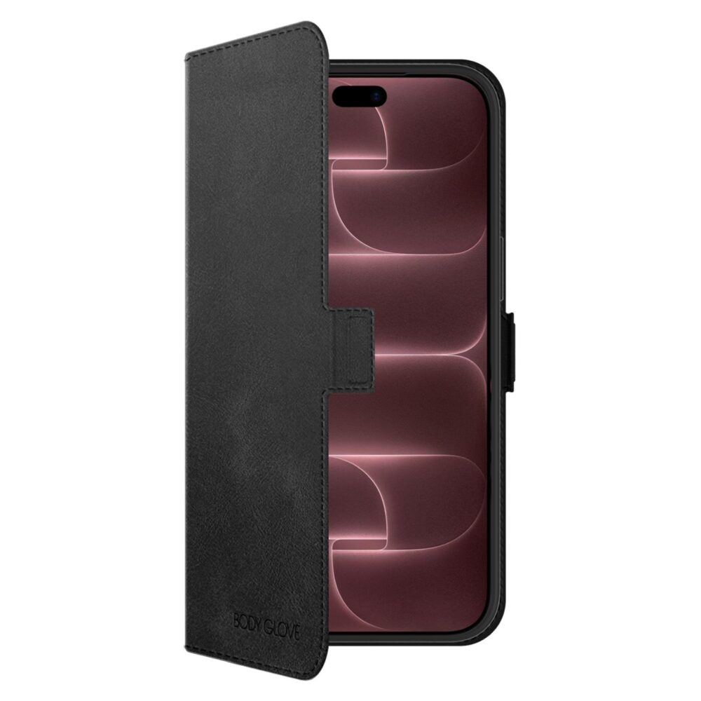 Black Body Glove Flip Series Case fitted to an iPhone 18 Pro Max or 17 Pro Max with the front cover partially open