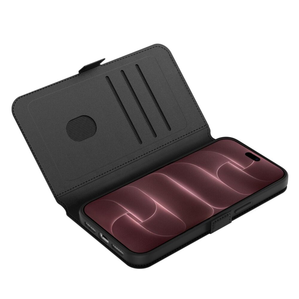 Open black Body Glove Flip Series Case for iPhone 18 Pro Max and 17 Pro Max showing the fitted phone, interior card slots and magnetic closure tab