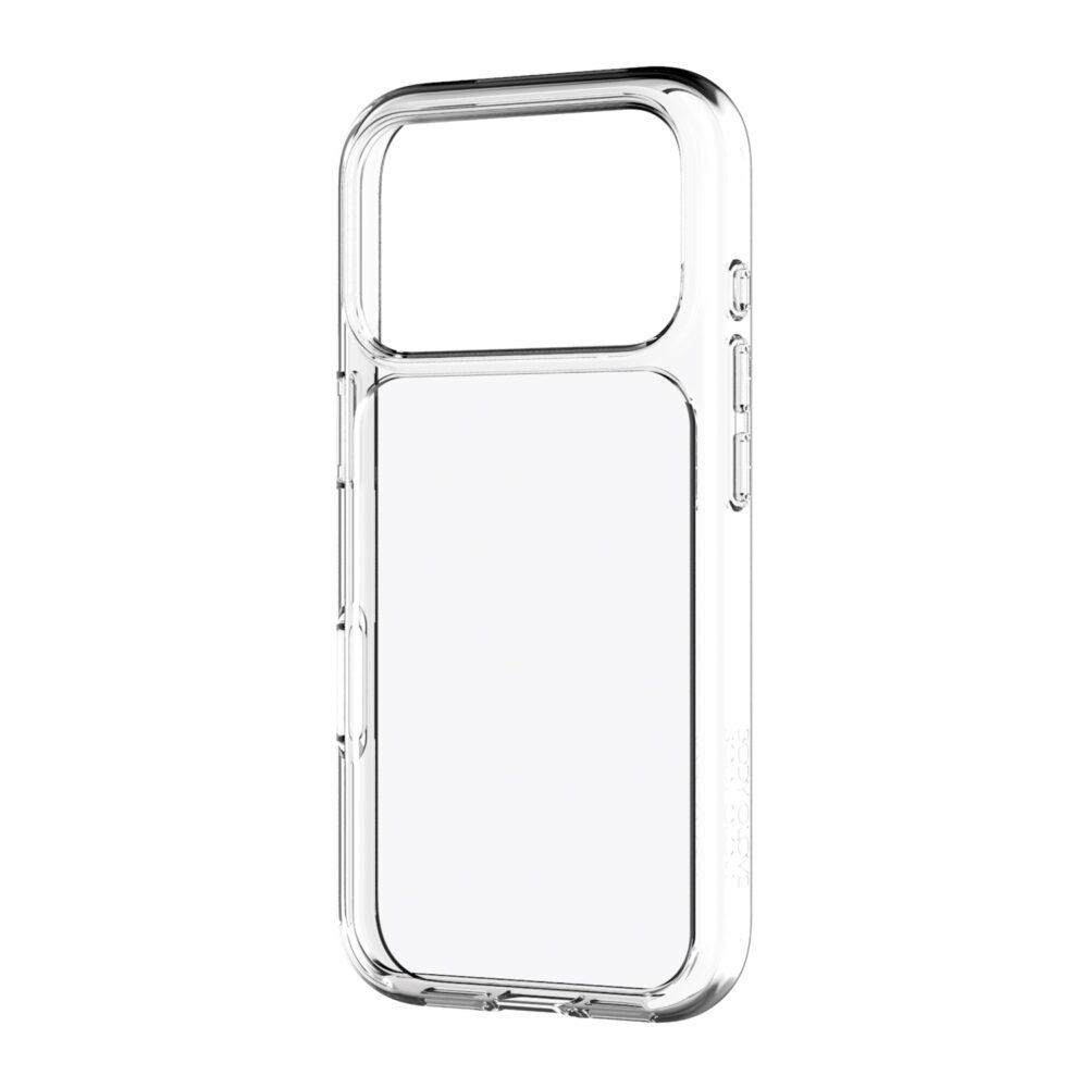 Angled rear view of the clear Body Glove Ghost Case for iPhone 18 Pro and 17 Pro showing the transparent back and button covers