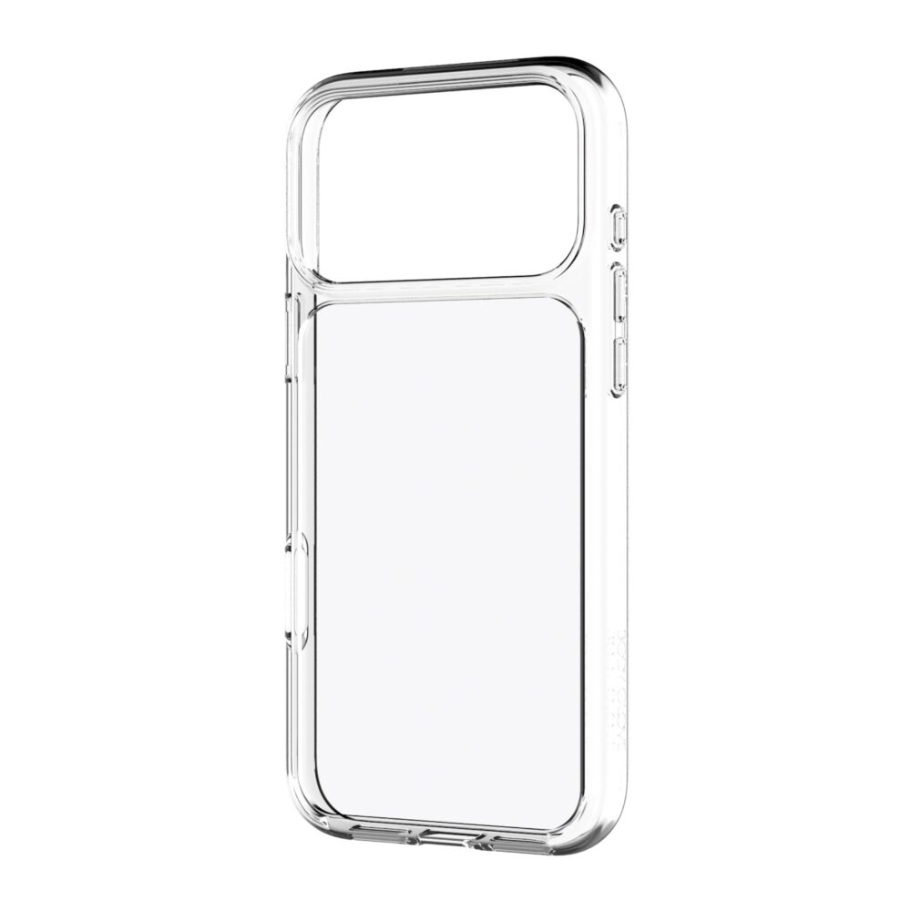 Angled rear view of the clear Body Glove Ghost Case for iPhone 18 Pro Max and 17 Pro Max showing the transparent back and button covers