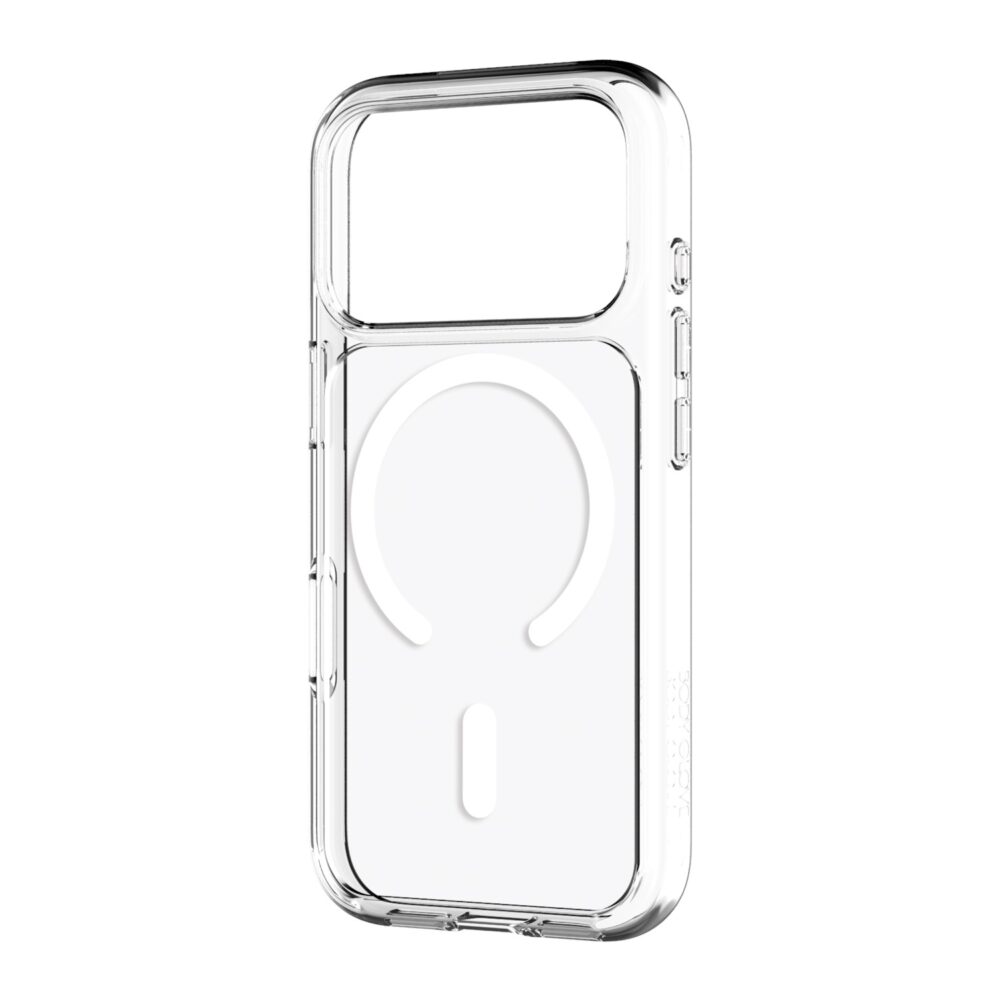 Angled rear view of the clear Body Glove Ghost Magnetic Case for iPhone 18 Pro and 17 Pro showing the magnetic ring and button covers
