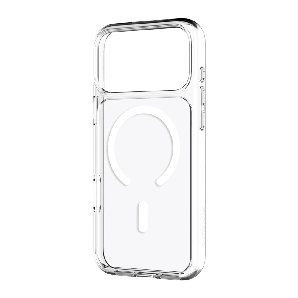 Angled rear view of the clear Body Glove Ghost Magnetic Case for iPhone 18 Pro Max and 17 Pro Max showing the magnetic ring and button covers