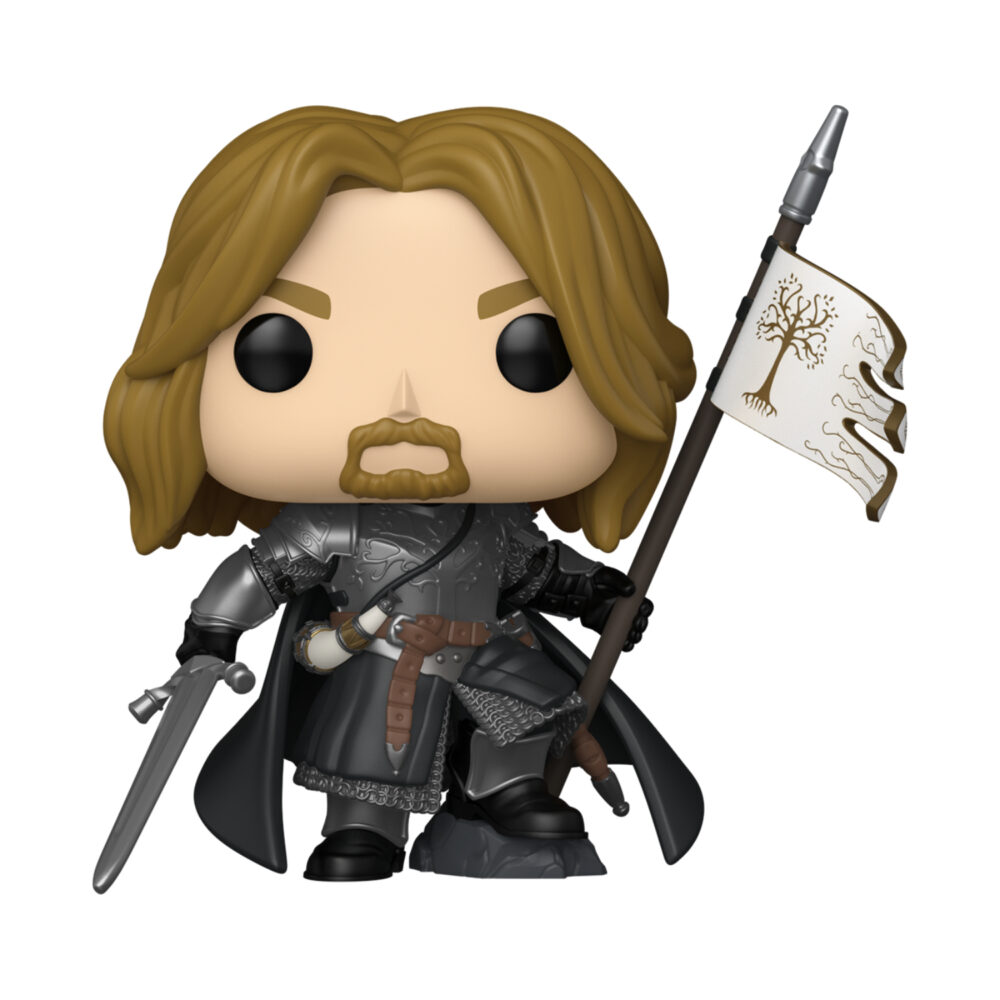 Unboxed Boromir Funko Pop #1986 figure in silver armour holding a white Gondor banner and sword.