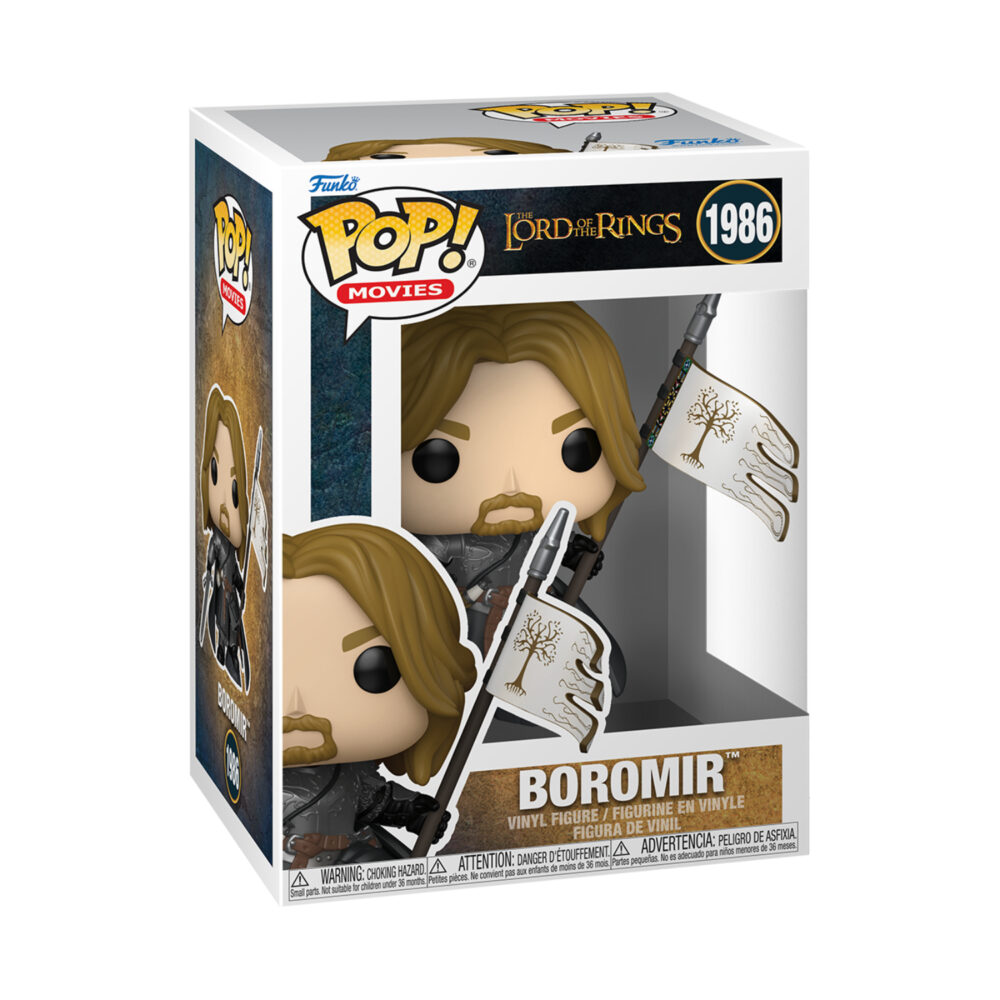 Boromir Funko Pop #1986 shown in its Lord Of The Rings window display box.