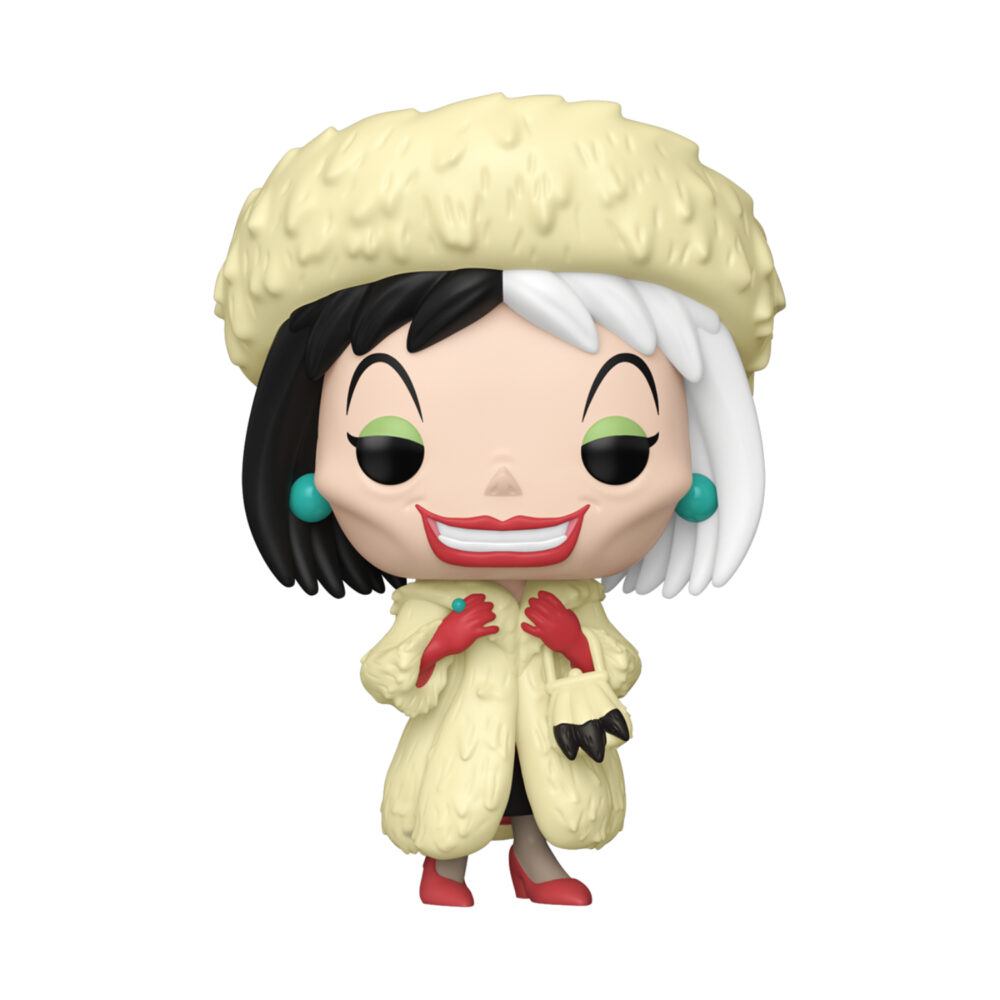 Unboxed Cruella De Vil Funko Pop #1663 figure wearing a cream coat and hat with black-and-white hair.