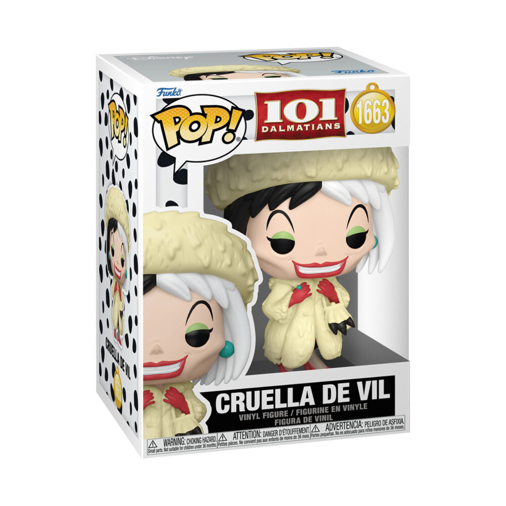 Cruella De Vil Funko Pop #1663 shown in its 101 Dalmatians window display box.