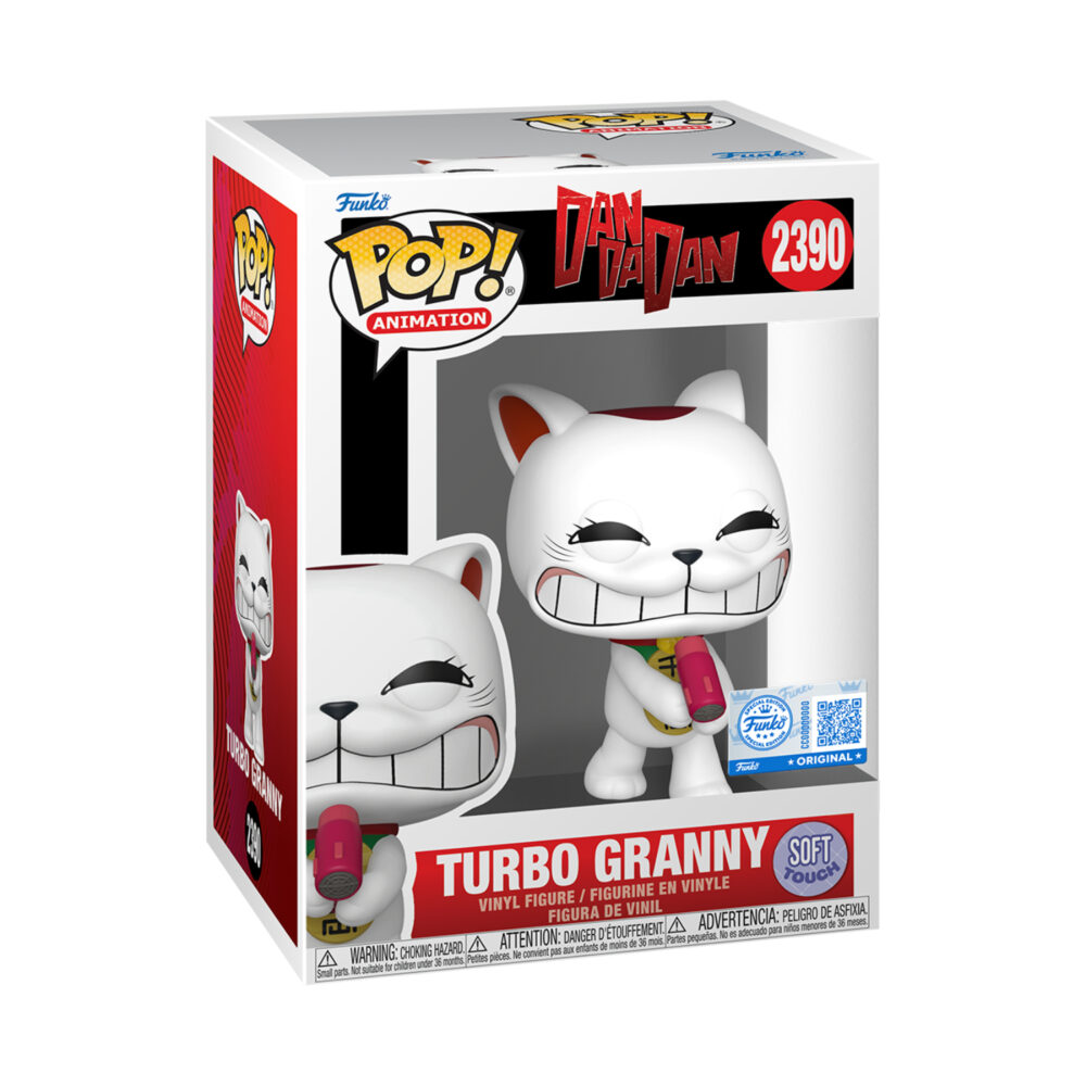 Dan Da Dan Turbo Granny with Dryer Funko Pop figure #2390 shown in its window display box with Soft Touch sticker