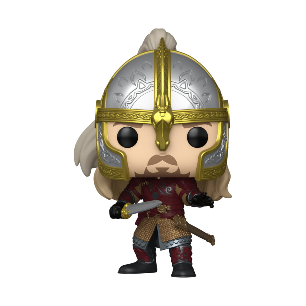 Unboxed Eomer Funko Pop #1982 figure wearing a gold-and-silver helmet with red armour and a sword.