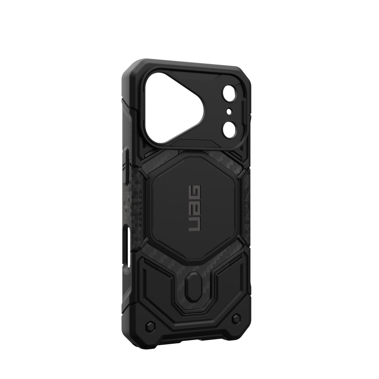 Empty UAG Monarch Pro case in Carbon Fibre shown from the opposite rear angle with the side cutout visible.