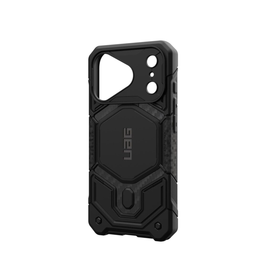 Empty Carbon Fibre UAG Monarch Pro case shown from a rear angle with the side volume button covers visible.