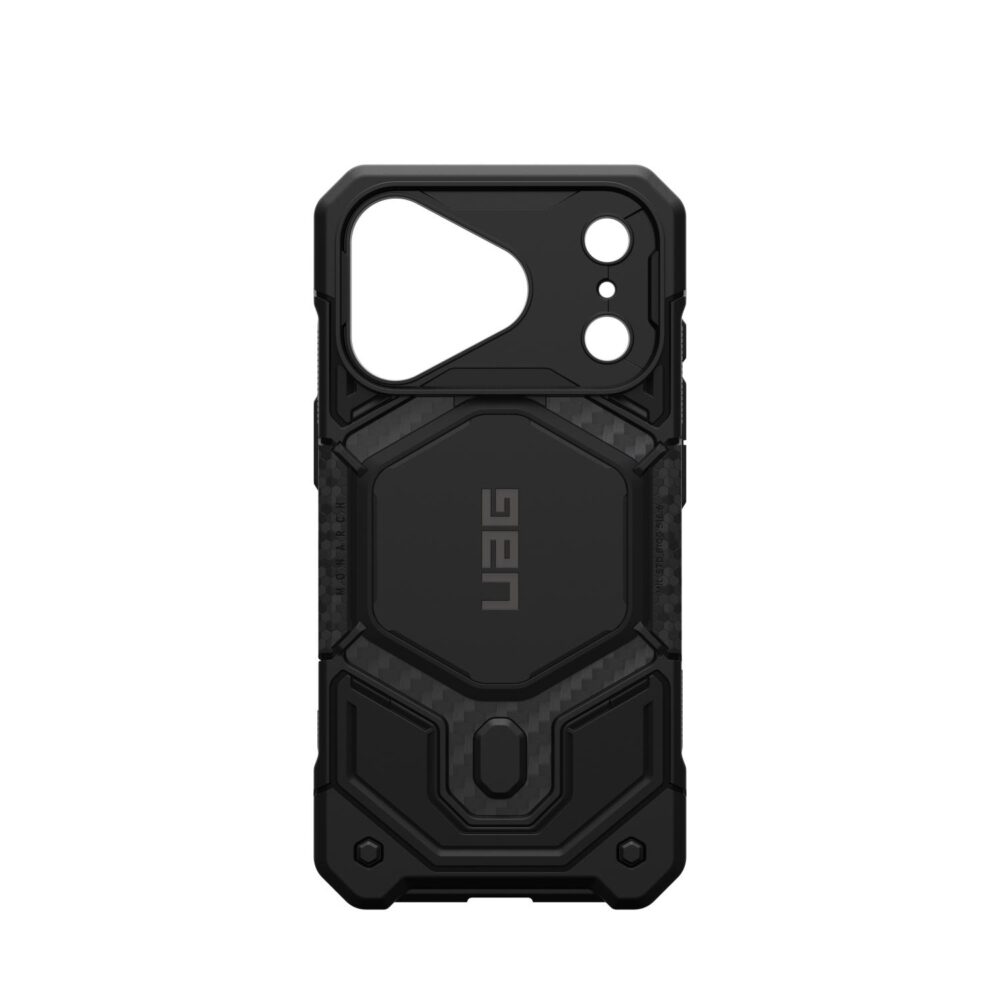 Carbon Fibre UAG Monarch Pro MagSafe case for iPhone 18 Pro and iPhone 17 Pro shown empty from the rear.