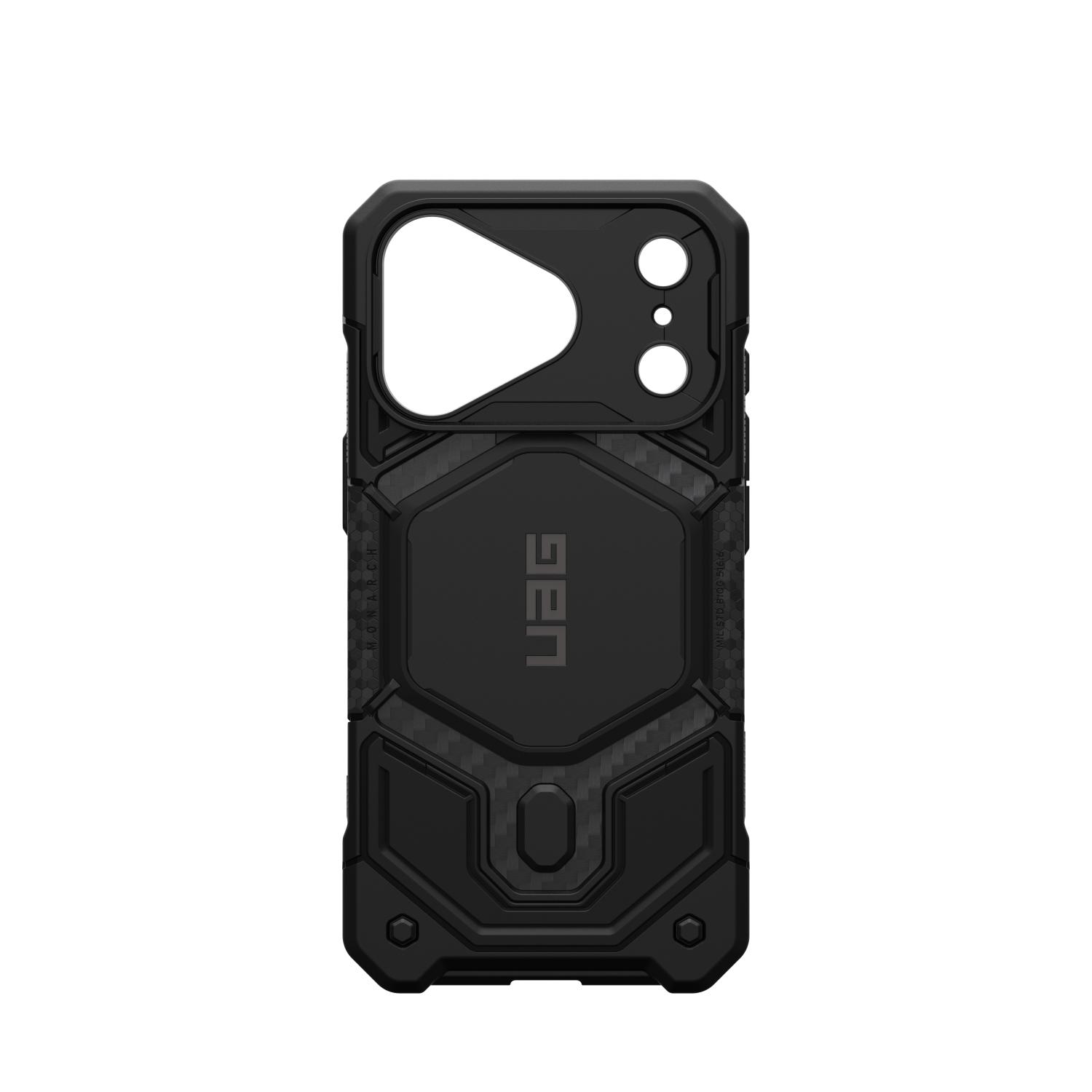 Carbon Fibre UAG Monarch Pro MagSafe case for iPhone 18 Pro and iPhone 17 Pro shown empty from the rear.