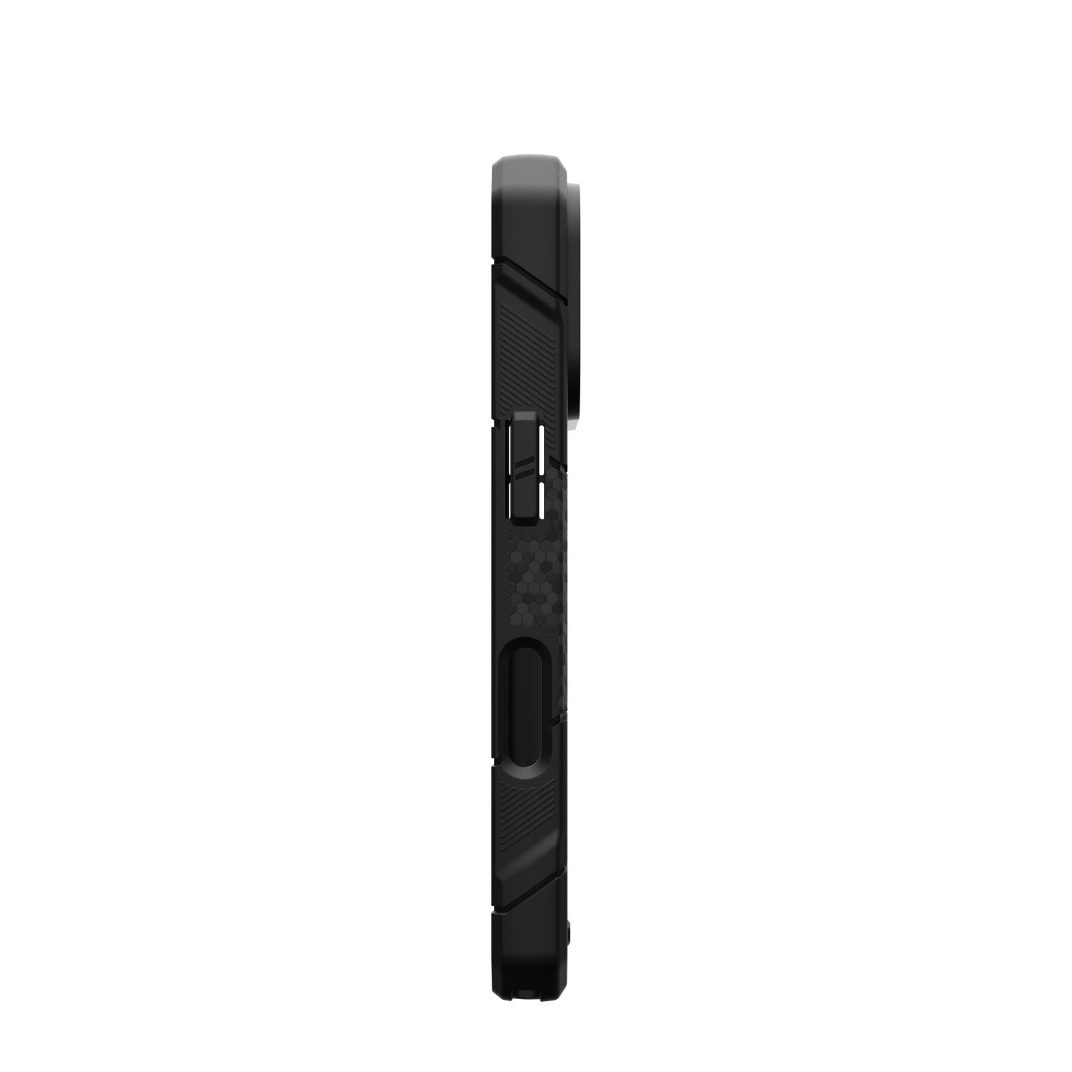 Side profile of the empty Carbon Fibre UAG Monarch Pro case showing a raised button cover and recessed side cutout.