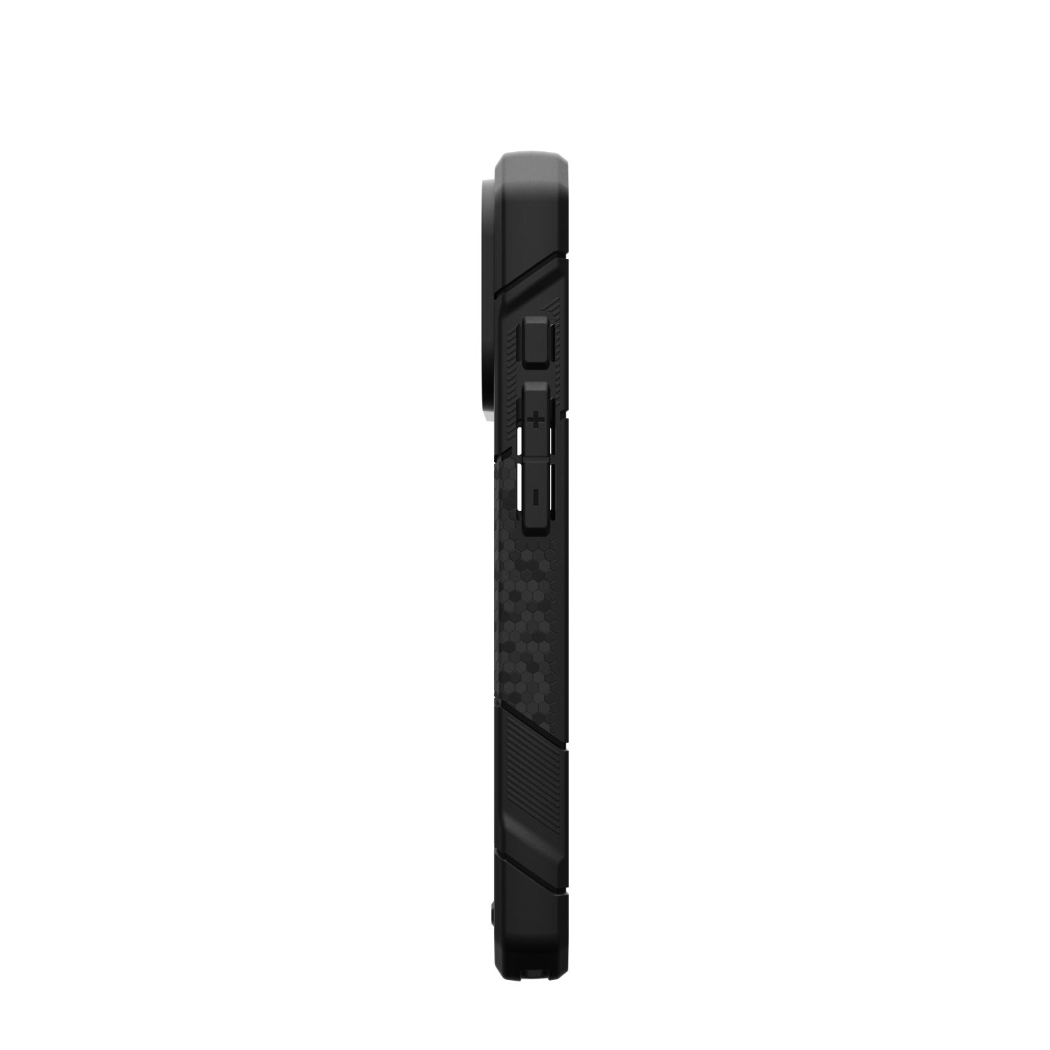 Opposite side profile of the empty Carbon Fibre UAG Monarch Pro case showing the separate volume button covers.