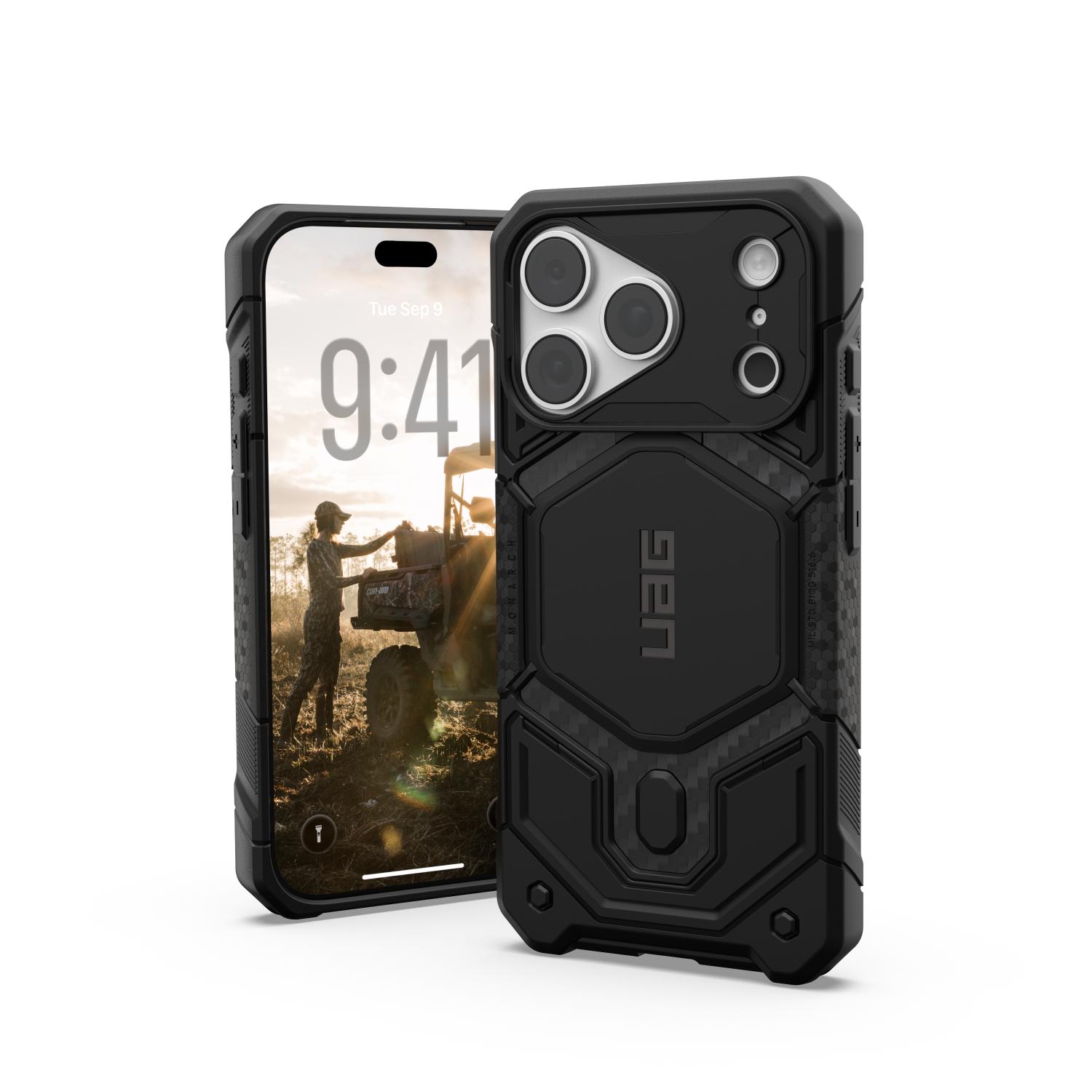 Carbon Fibre UAG Monarch Pro case fitted to an iPhone 18 Pro or iPhone 17 Pro, shown from the front and rear side by side.