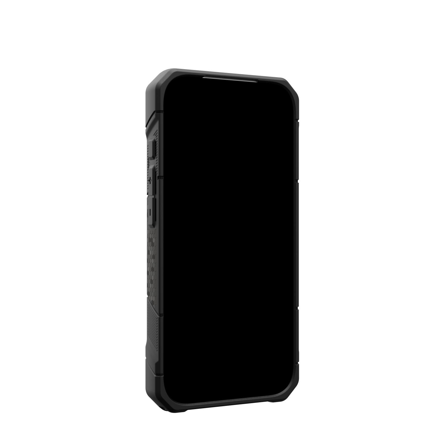 Angled front view of the Carbon Fibre UAG Monarch Pro case fitted to an iPhone 18 Pro or iPhone 17 Pro with the display dark.