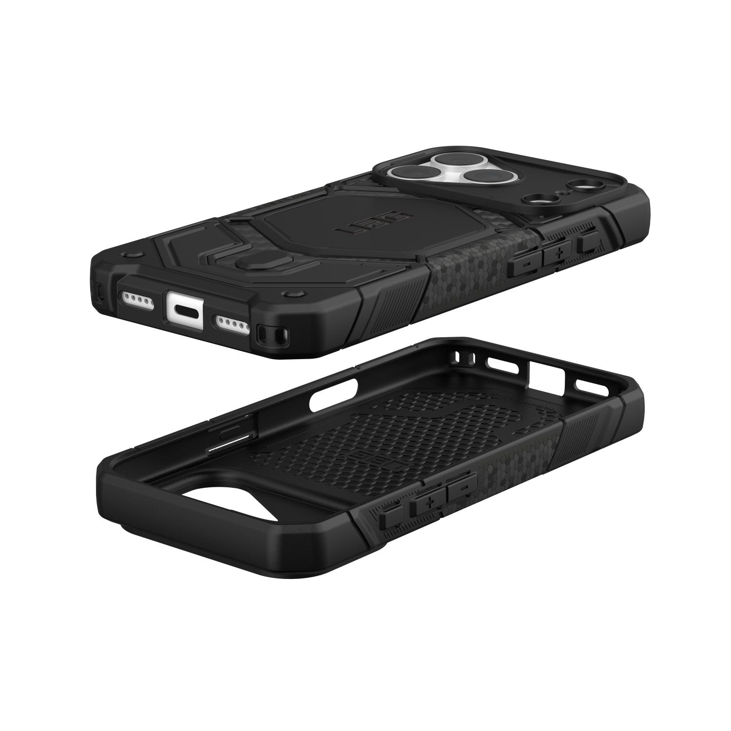 Fitted Carbon Fibre UAG Monarch Pro case shown above the empty case interior, with the bottom port and side controls visible.