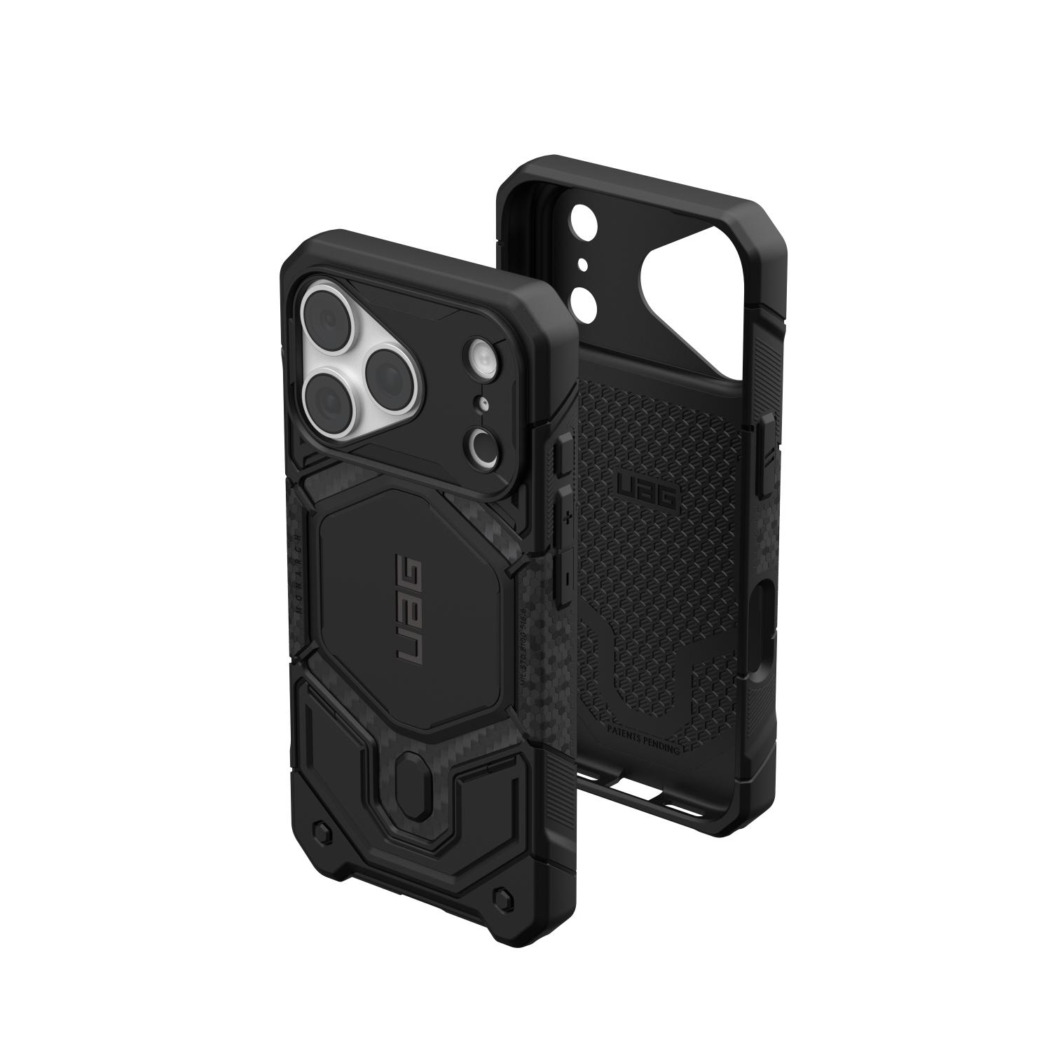 Fitted rear view of the Carbon Fibre UAG Monarch Pro case beside the empty case interior in an upright layout.