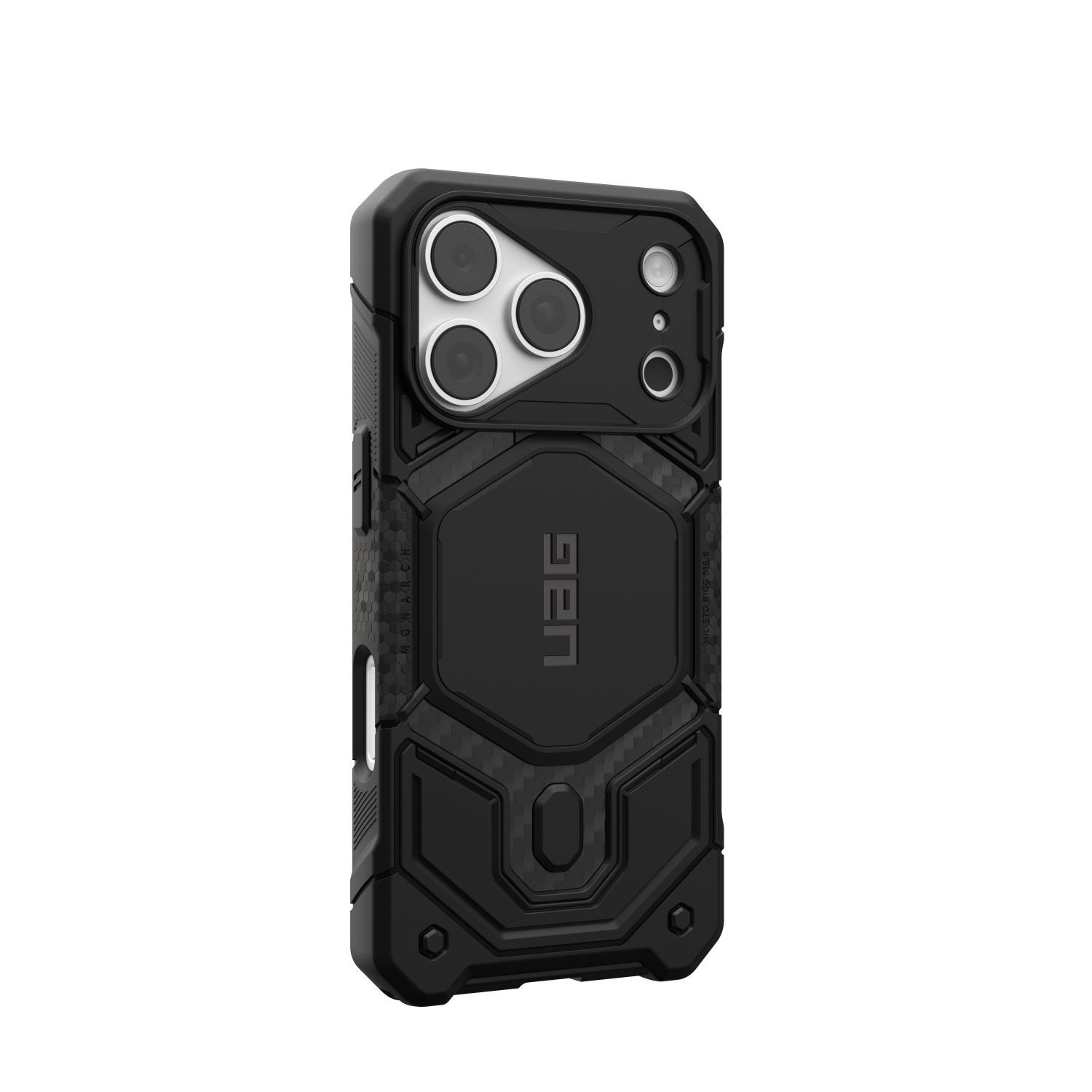 Opposite angled fitted rear view of the Carbon Fibre UAG Monarch Pro case with the side cutout visible.
