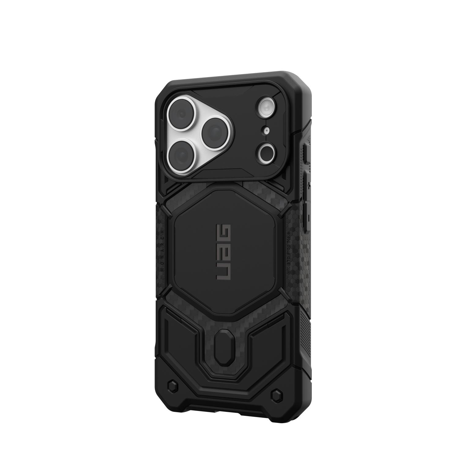 Angled fitted rear view of the Carbon Fibre UAG Monarch Pro case showing the side volume button covers.