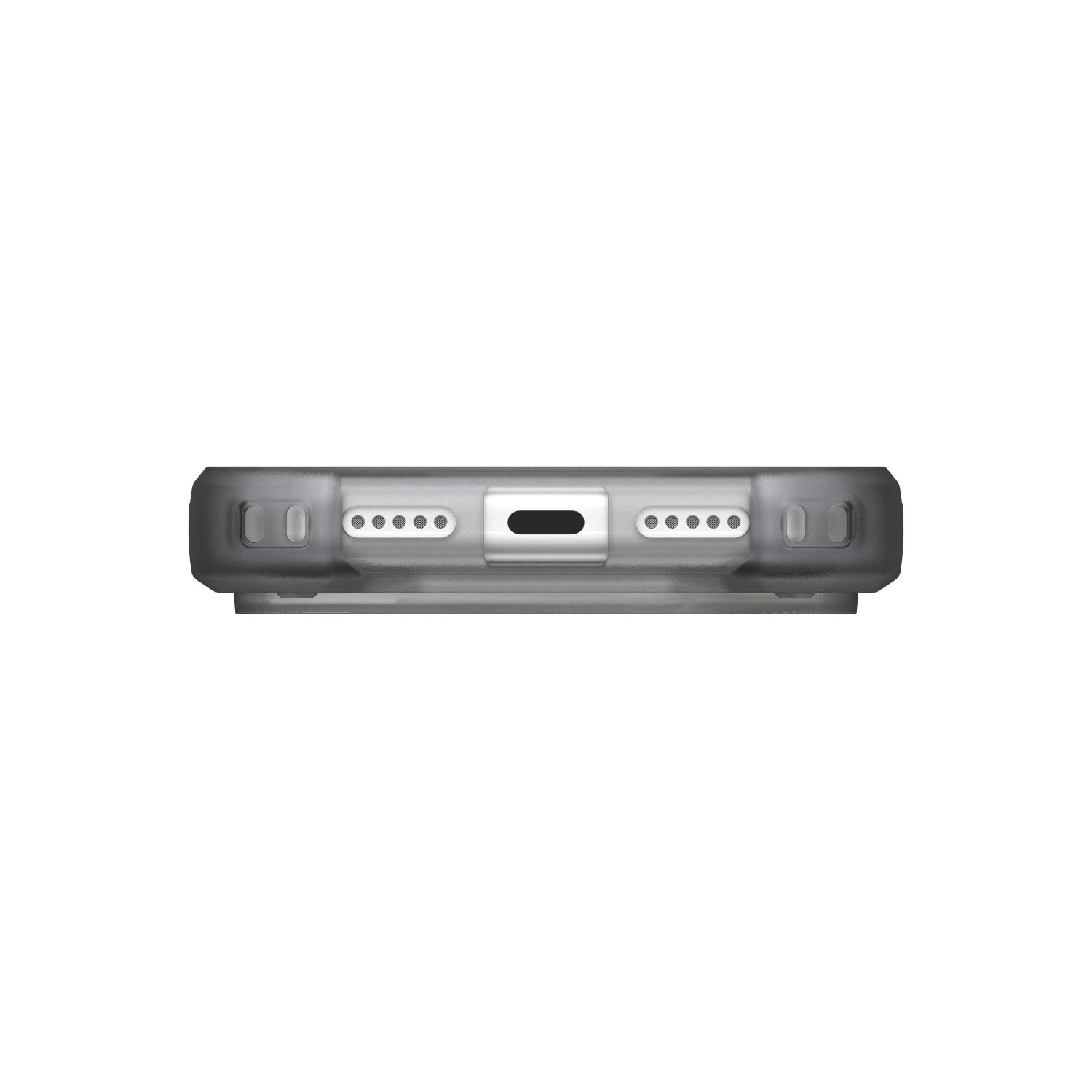 Bottom edge close-up of the Ice UAG Monarch Pro MagSafe case showing the charging port and speaker openings