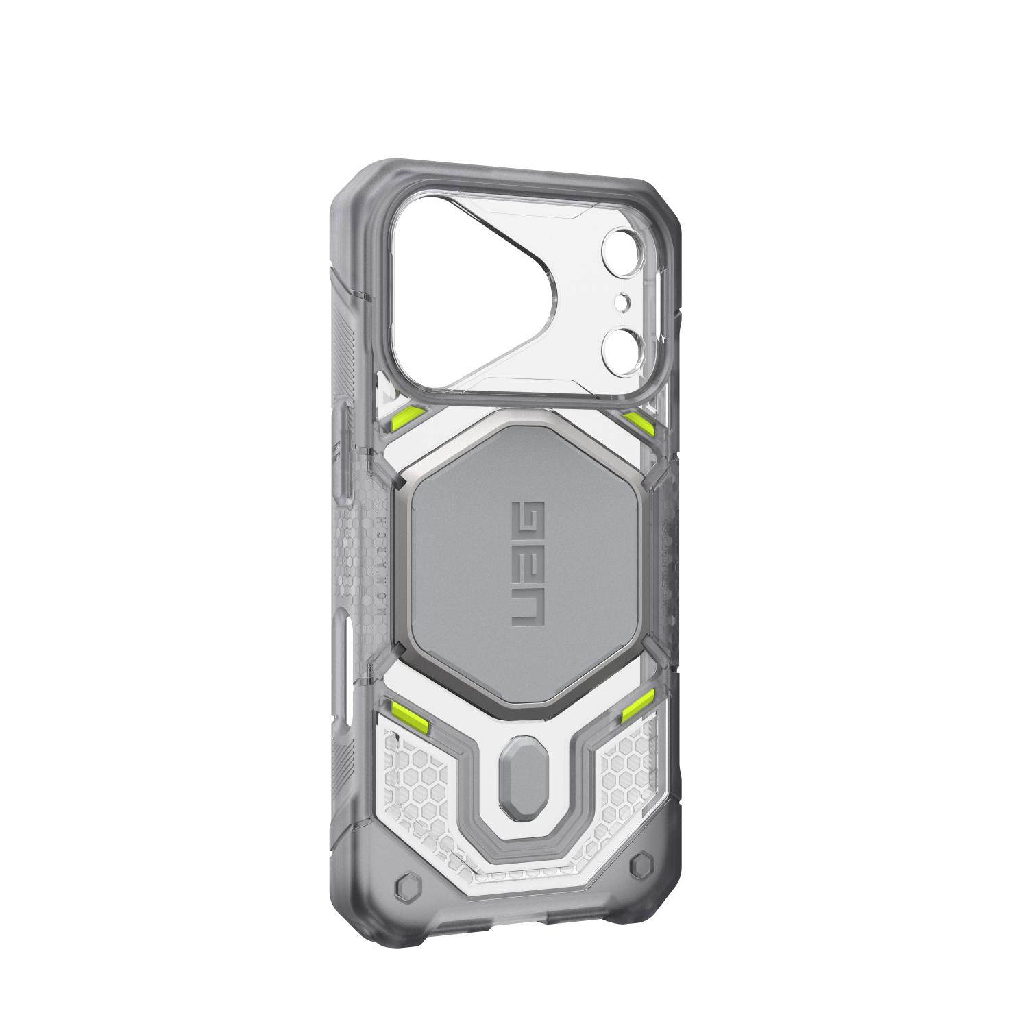 Empty Ice UAG Monarch Pro MagSafe case for iPhone 18 Pro and iPhone 17 Pro shown from a rear angle with the left side edge visible
