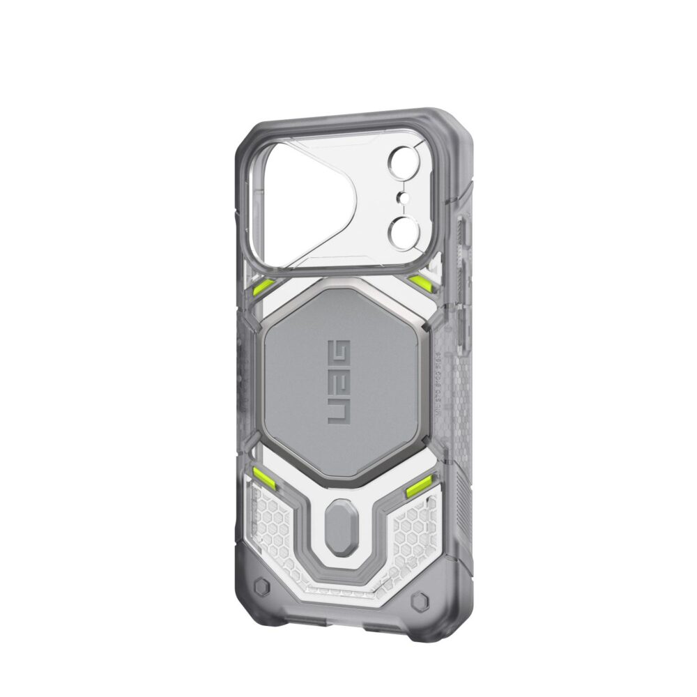 Empty Ice UAG Monarch Pro MagSafe case for iPhone 18 Pro and iPhone 17 Pro shown from a rear angle with the right side edge visible