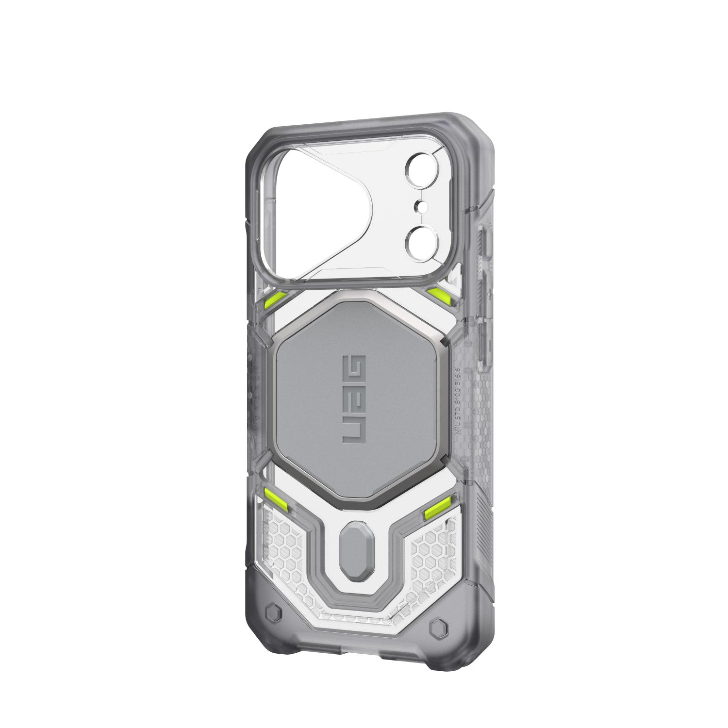 Empty Ice UAG Monarch Pro MagSafe case for iPhone 18 Pro and iPhone 17 Pro shown from a rear angle with the right side edge visible