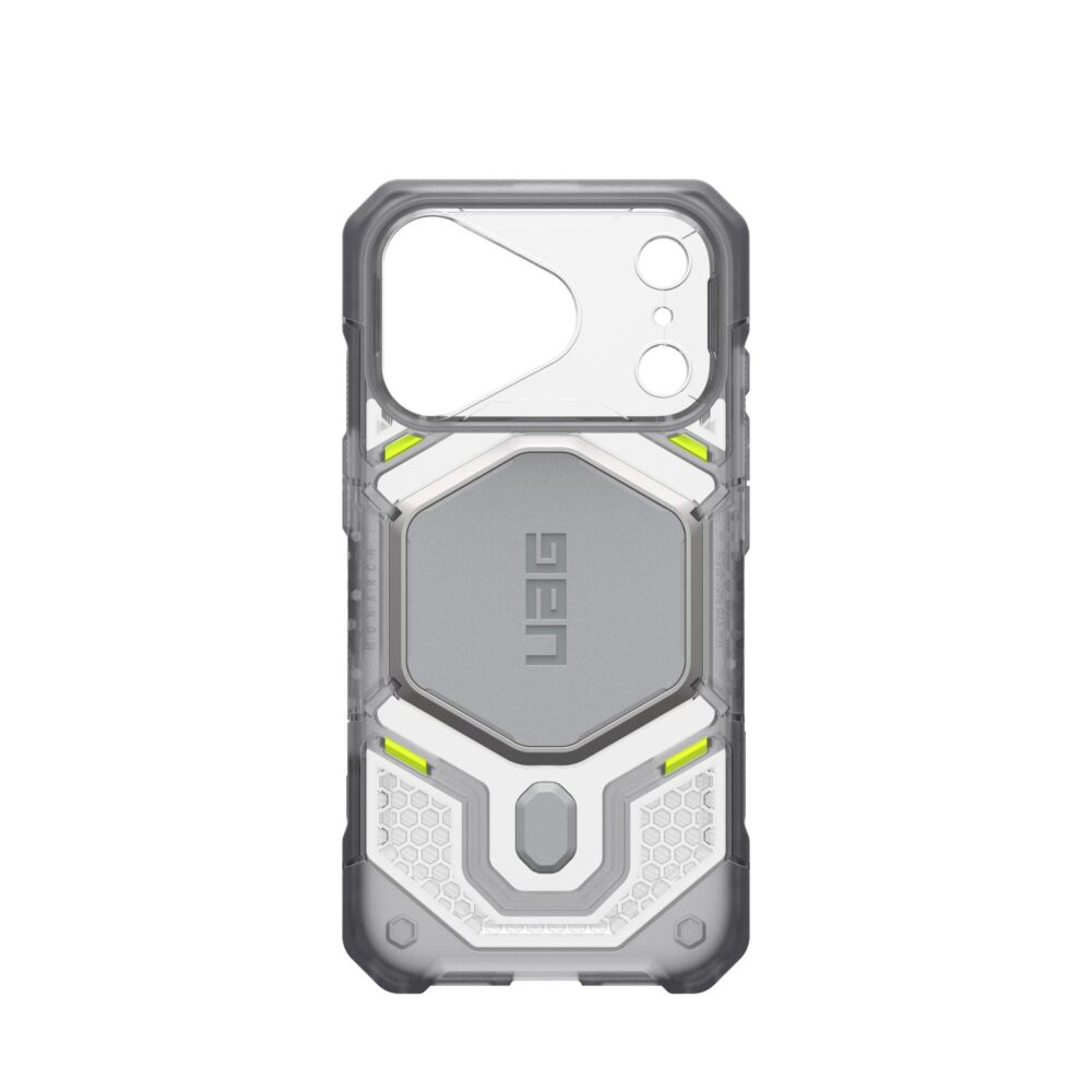 Ice UAG Monarch Pro MagSafe case for iPhone 18 Pro and iPhone 17 Pro shown empty from the rear