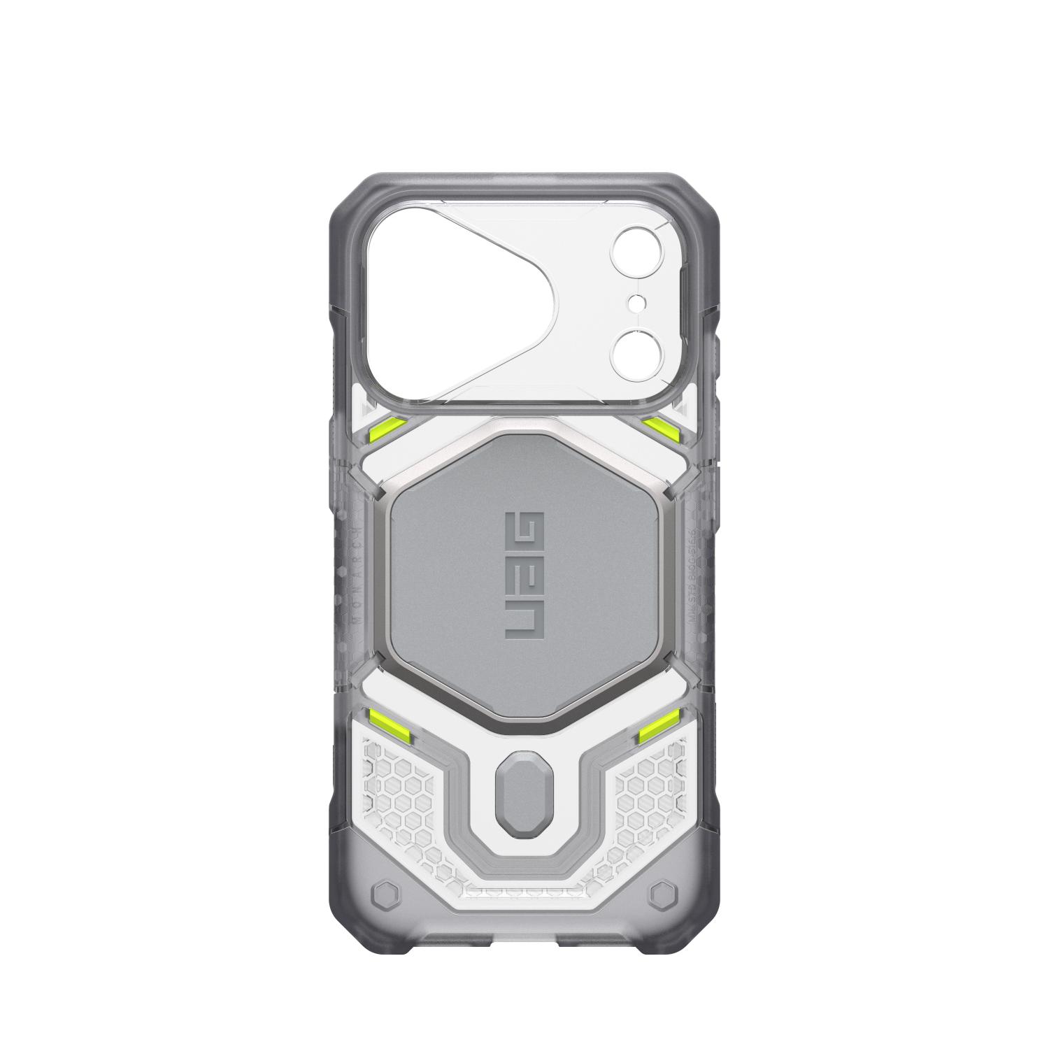 Ice UAG Monarch Pro MagSafe case for iPhone 18 Pro and iPhone 17 Pro shown empty from the rear