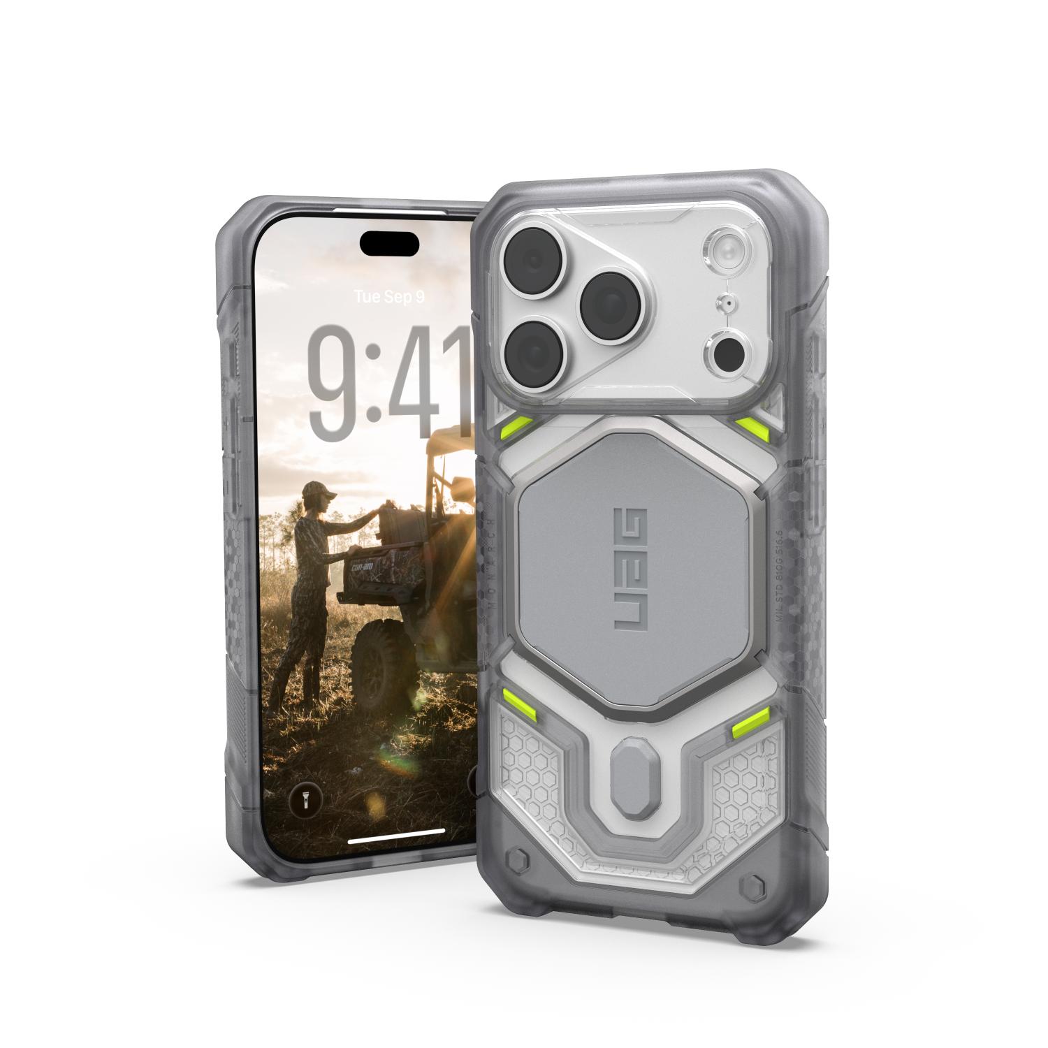 Two iPhones fitted with the Ice UAG Monarch Pro MagSafe case, showing the screen-facing front view and protected rear case view side by side