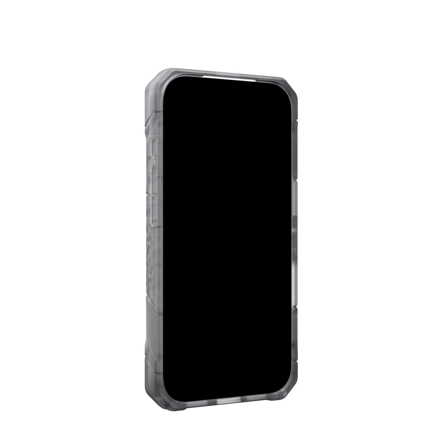 iPhone fitted with the Ice UAG Monarch Pro MagSafe case shown from a front angle with the screen off and raised case edges visible