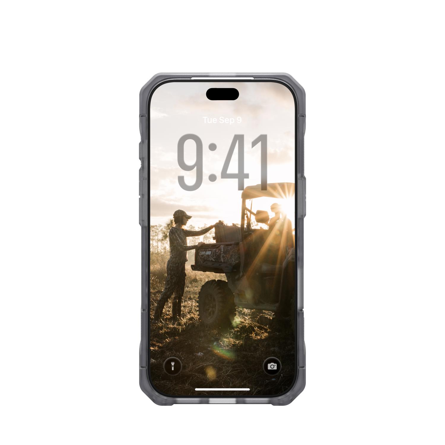 iPhone fitted with the Ice UAG Monarch Pro MagSafe case shown from the front with the display on and protective case border visible