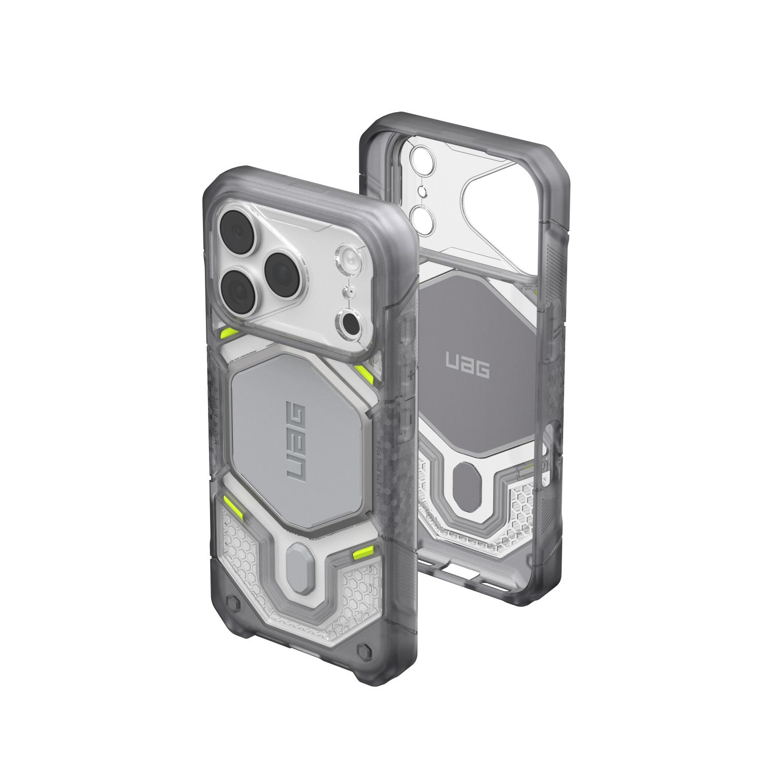 Upright comparison of the Ice UAG Monarch Pro MagSafe case fitted to an iPhone and an empty case showing the interior