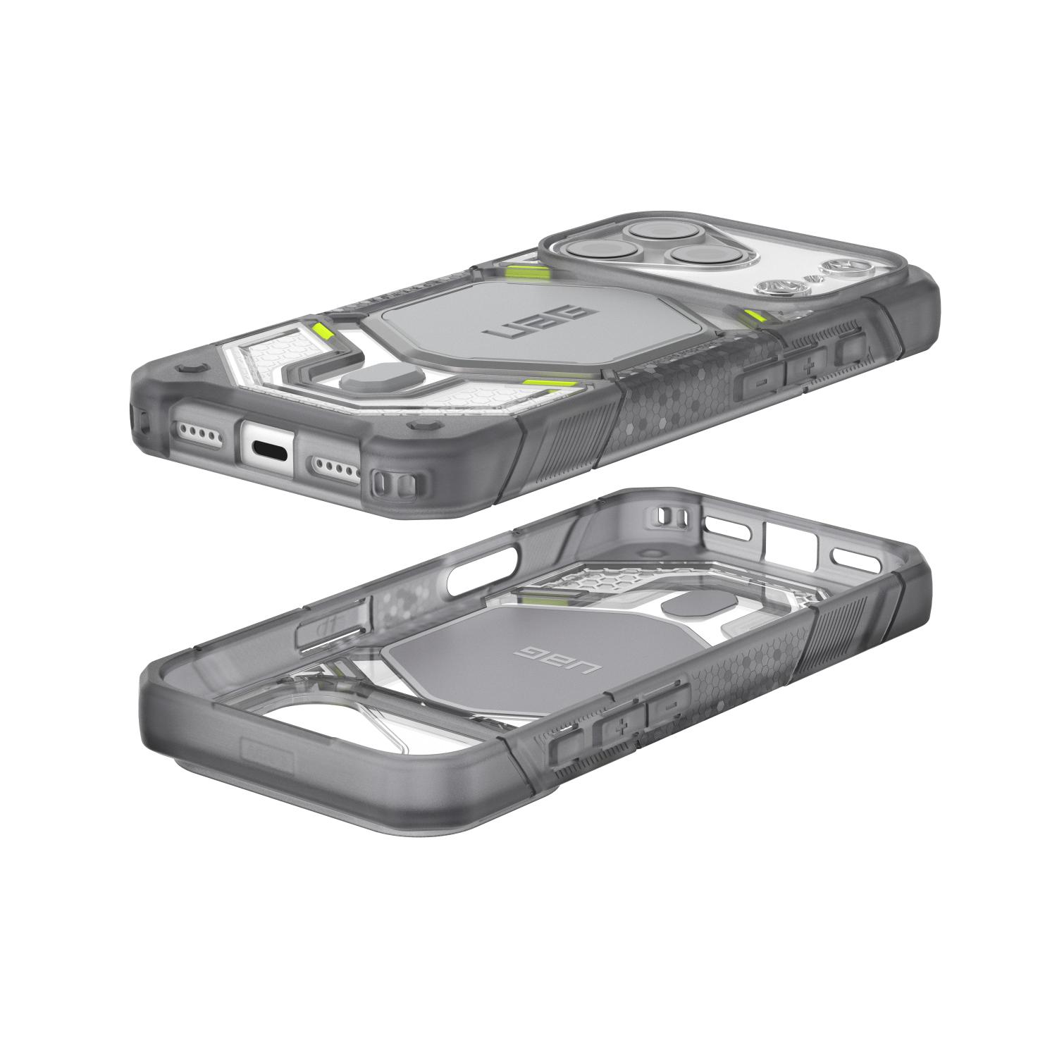 Ice UAG Monarch Pro MagSafe case shown fitted to an iPhone from the rear above a second empty case displaying the interior and bottom openings