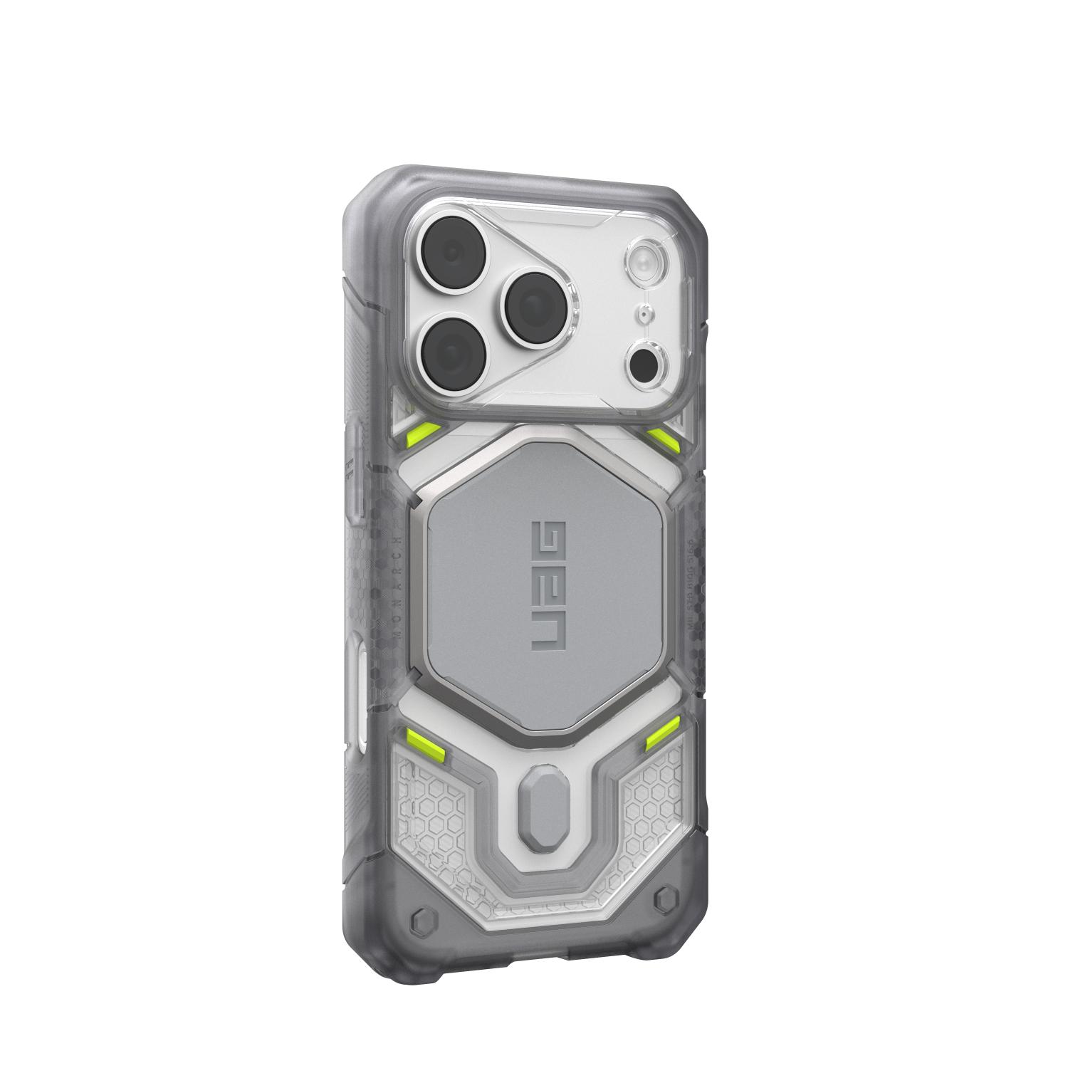 Ice UAG Monarch Pro MagSafe case fitted to an iPhone and shown from a rear left angle with the opposite side edge and camera area visible