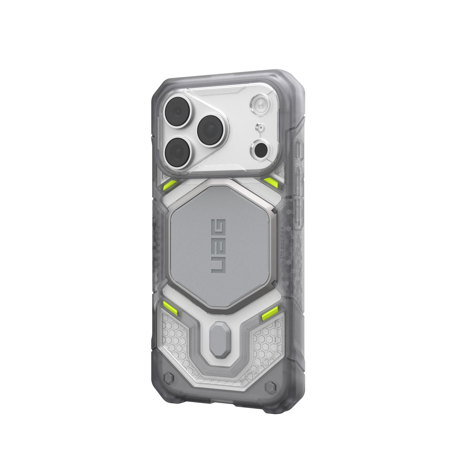 Ice UAG Monarch Pro MagSafe case fitted to an iPhone and shown from a rear right angle with the side edge and camera area visible