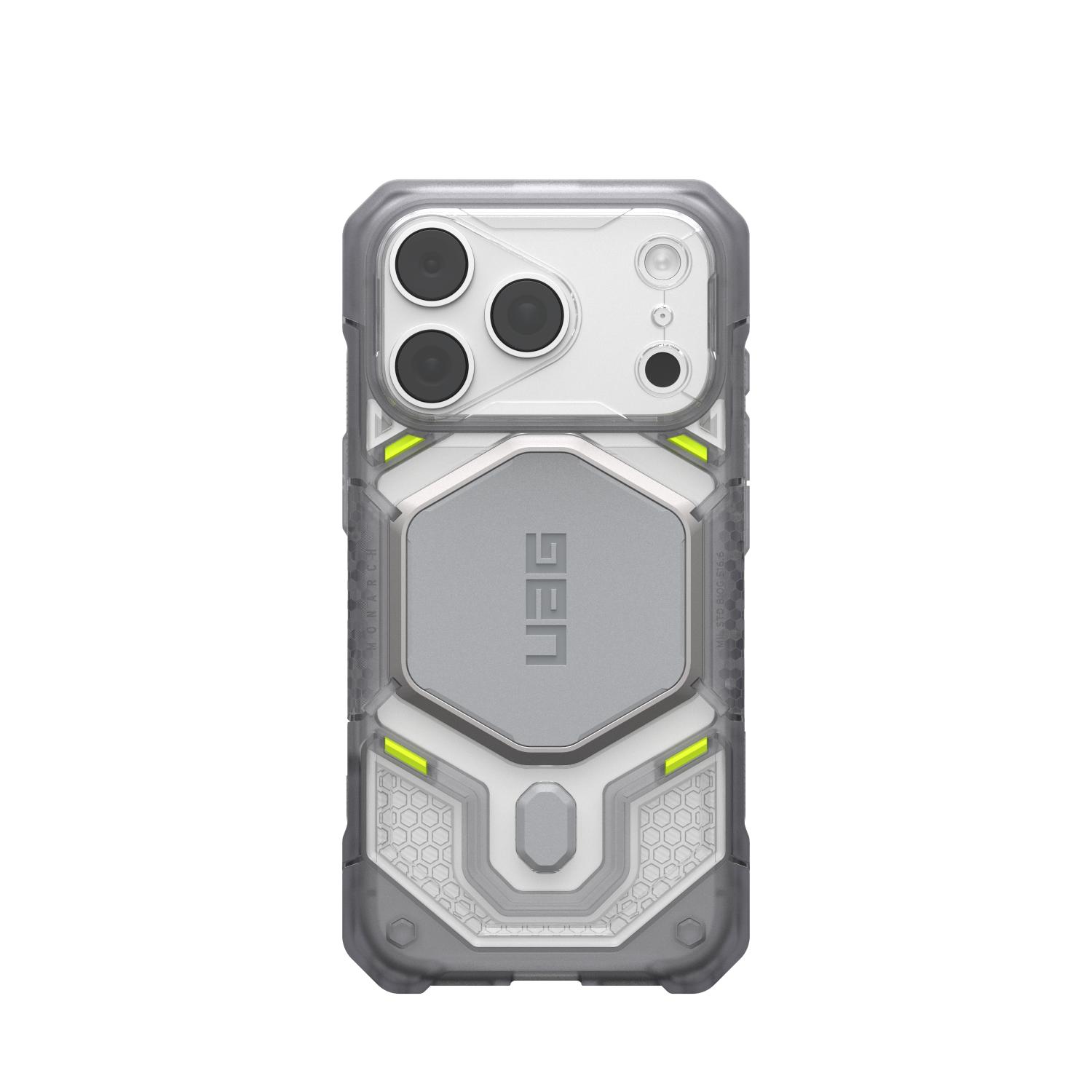 Ice UAG Monarch Pro MagSafe case fitted to an iPhone shown straight on from the rear with the camera lenses visible