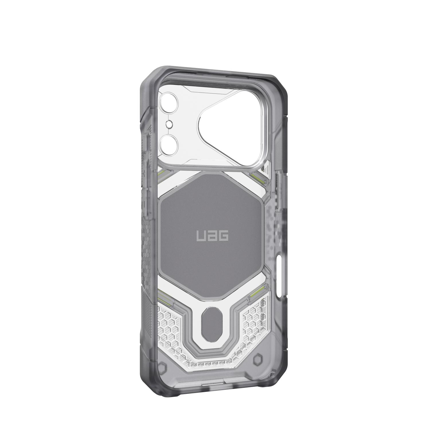 Interior of the Ice UAG Monarch Pro MagSafe case for iPhone 18 Pro and iPhone 17 Pro shown at an angle with the inner frame and camera opening visible
