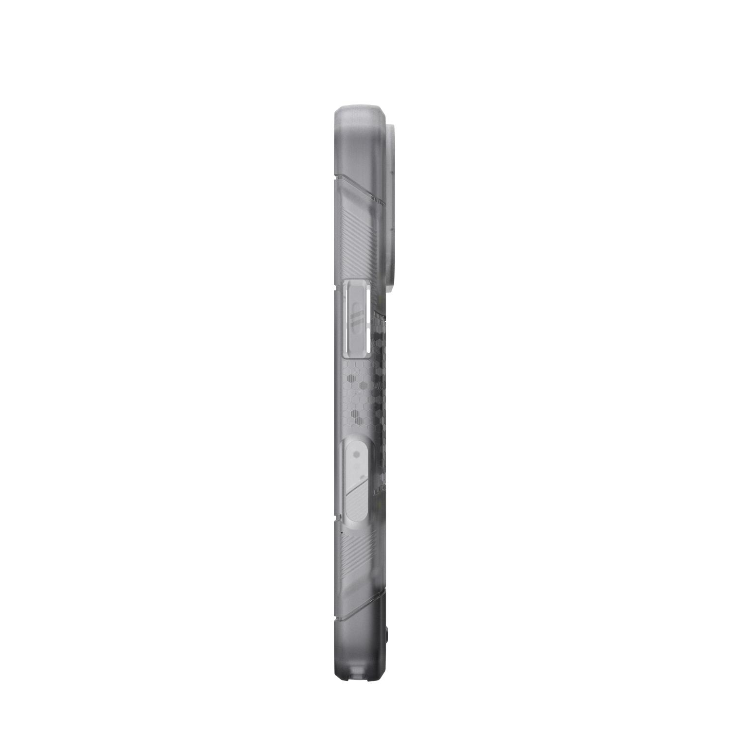 Side profile of the Ice UAG Monarch Pro MagSafe case for iPhone 18 Pro and iPhone 17 Pro showing the textured edge and elongated button opening