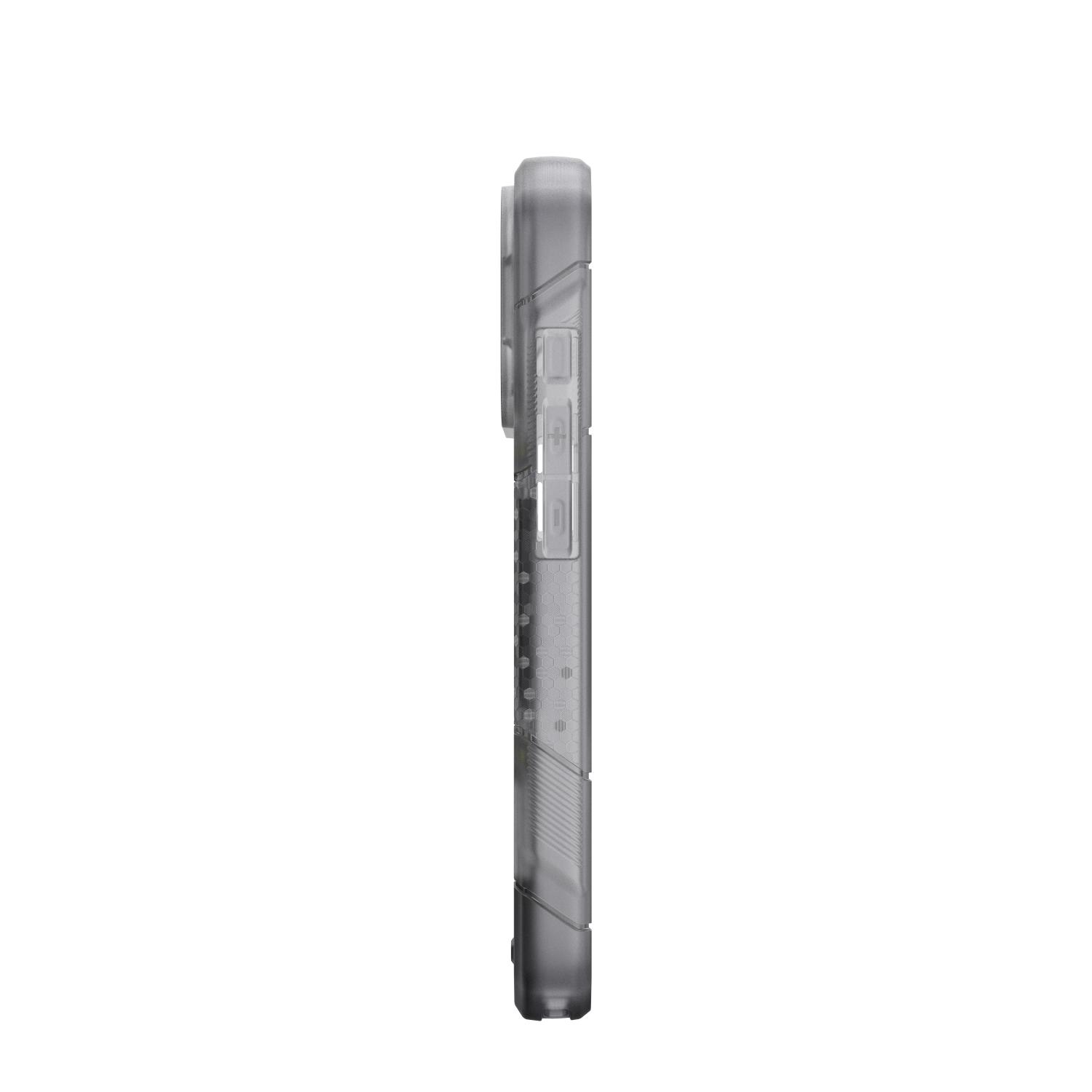 Side profile of the Ice UAG Monarch Pro MagSafe case for iPhone 18 Pro and iPhone 17 Pro with the raised plus and minus buttons visible