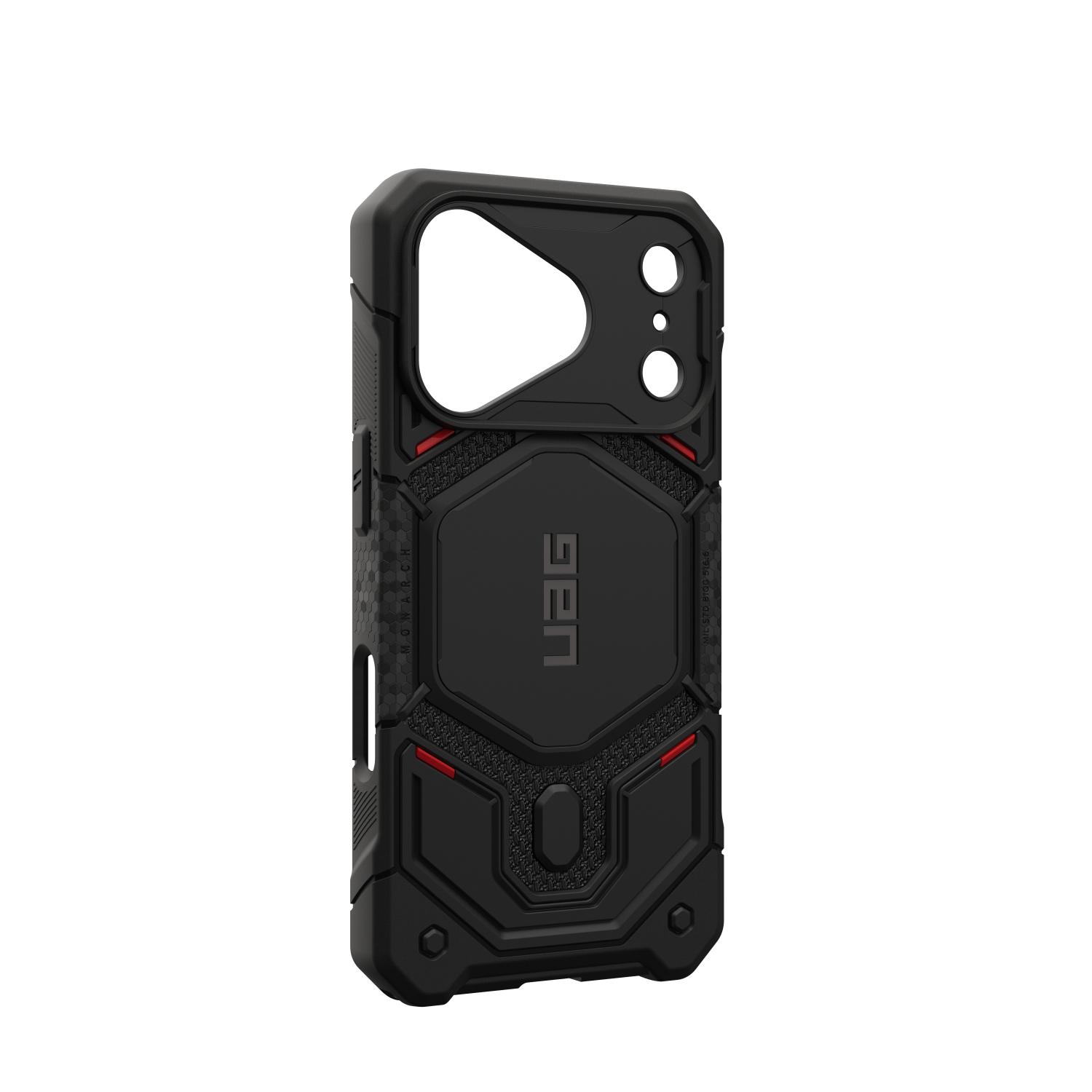 Empty Kevlar Black UAG Monarch Pro MagSafe case for iPhone 18 Pro and iPhone 17 Pro shown from a rear angle with the left side edge visible