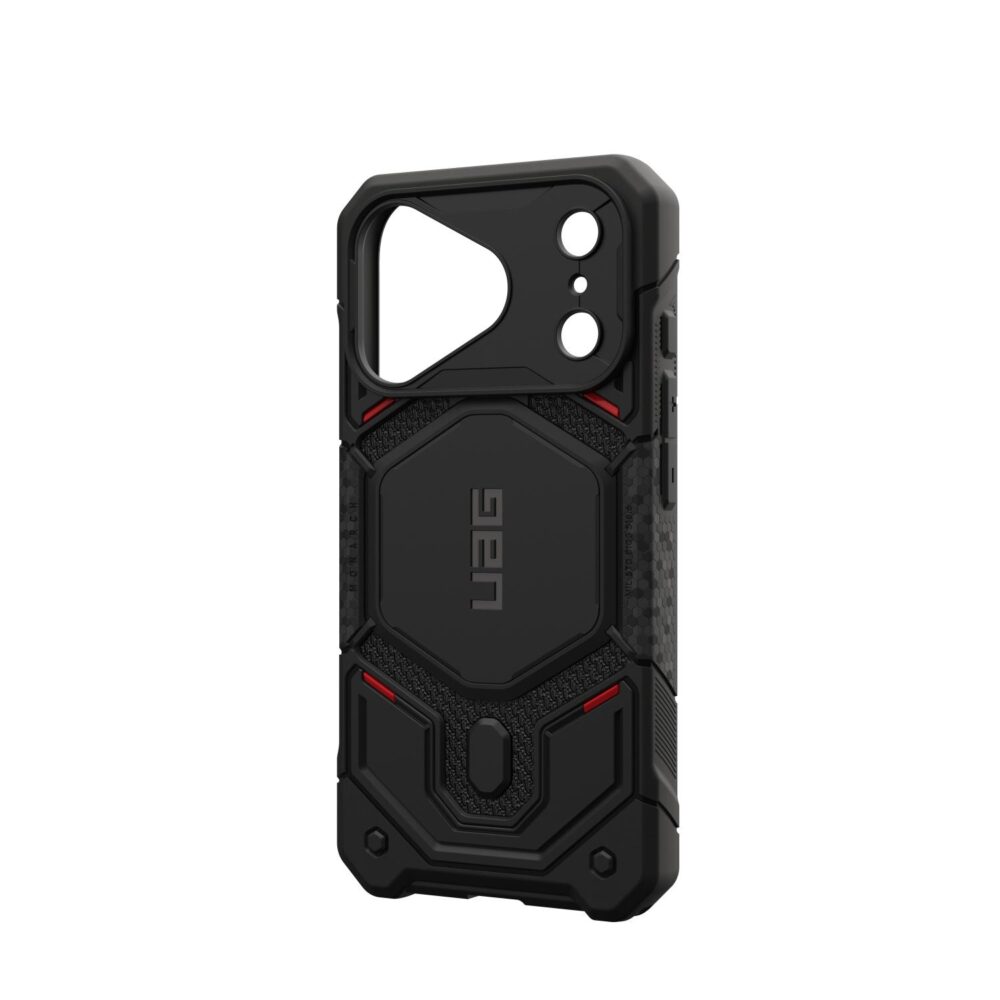 Empty Kevlar Black UAG Monarch Pro MagSafe case for iPhone 18 Pro and iPhone 17 Pro shown from a rear angle with the right side edge visible