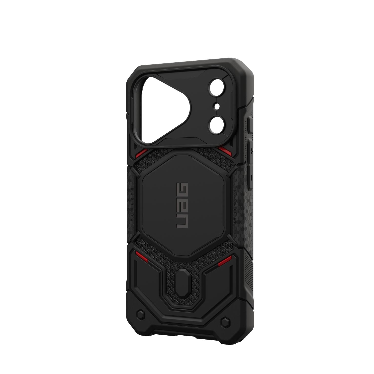 Empty Kevlar Black UAG Monarch Pro MagSafe case for iPhone 18 Pro and iPhone 17 Pro shown from a rear angle with the right side edge visible
