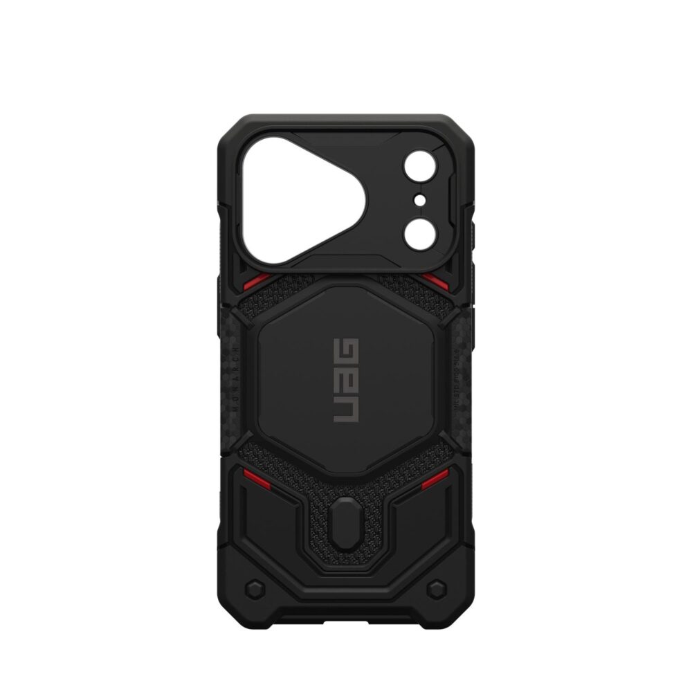 Kevlar Black UAG Monarch Pro MagSafe case for iPhone 18 Pro and iPhone 17 Pro shown empty from the rear