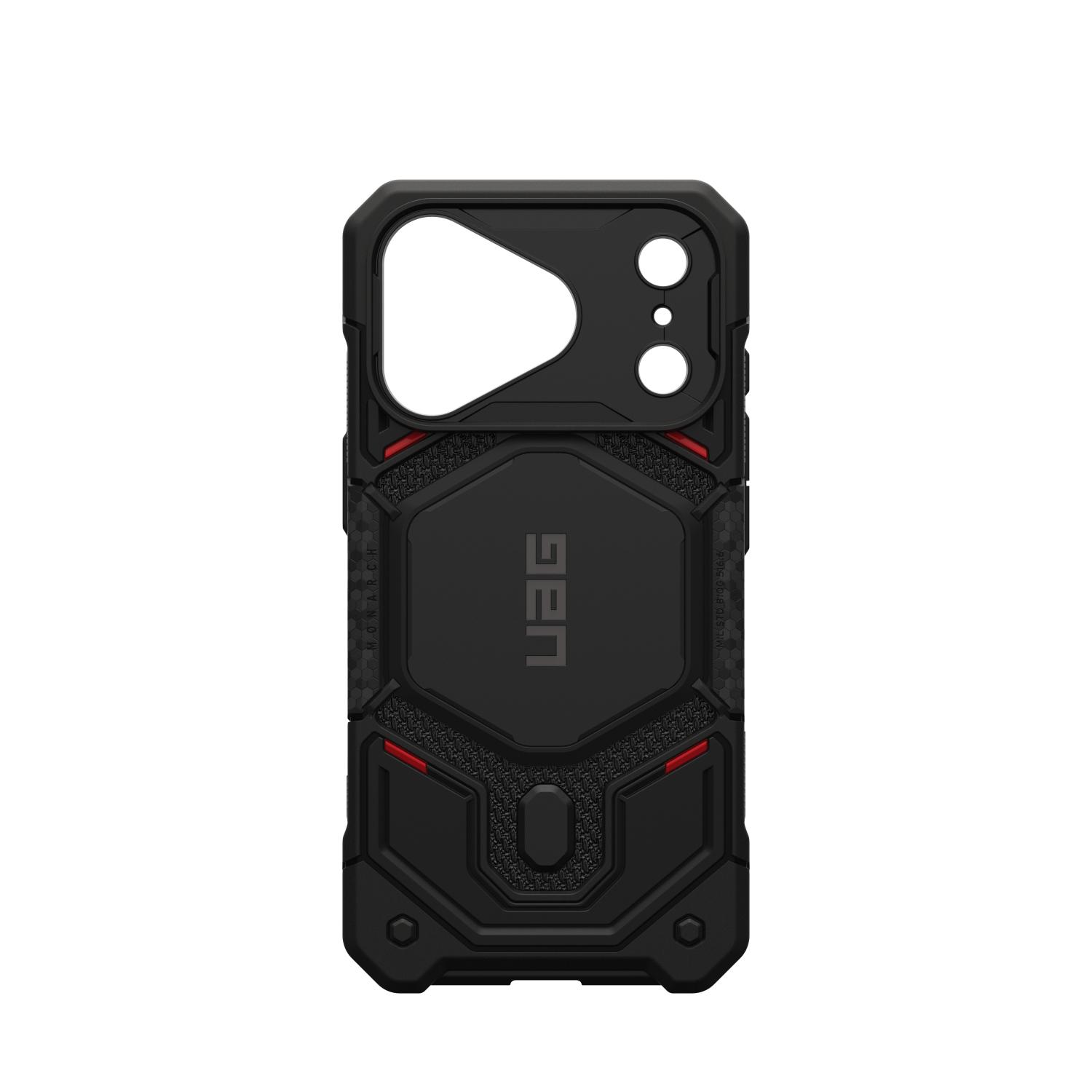 Kevlar Black UAG Monarch Pro MagSafe case for iPhone 18 Pro and iPhone 17 Pro shown empty from the rear