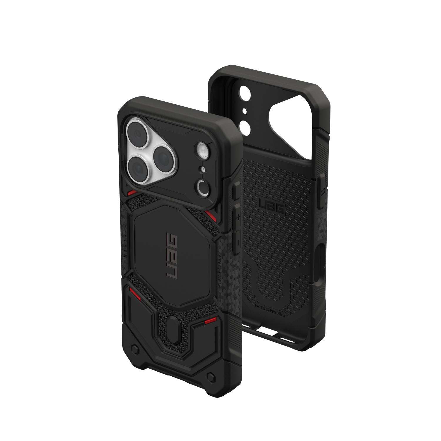 Upright comparison of the Kevlar Black UAG Monarch Pro MagSafe case fitted to an iPhone and an empty case showing the interior