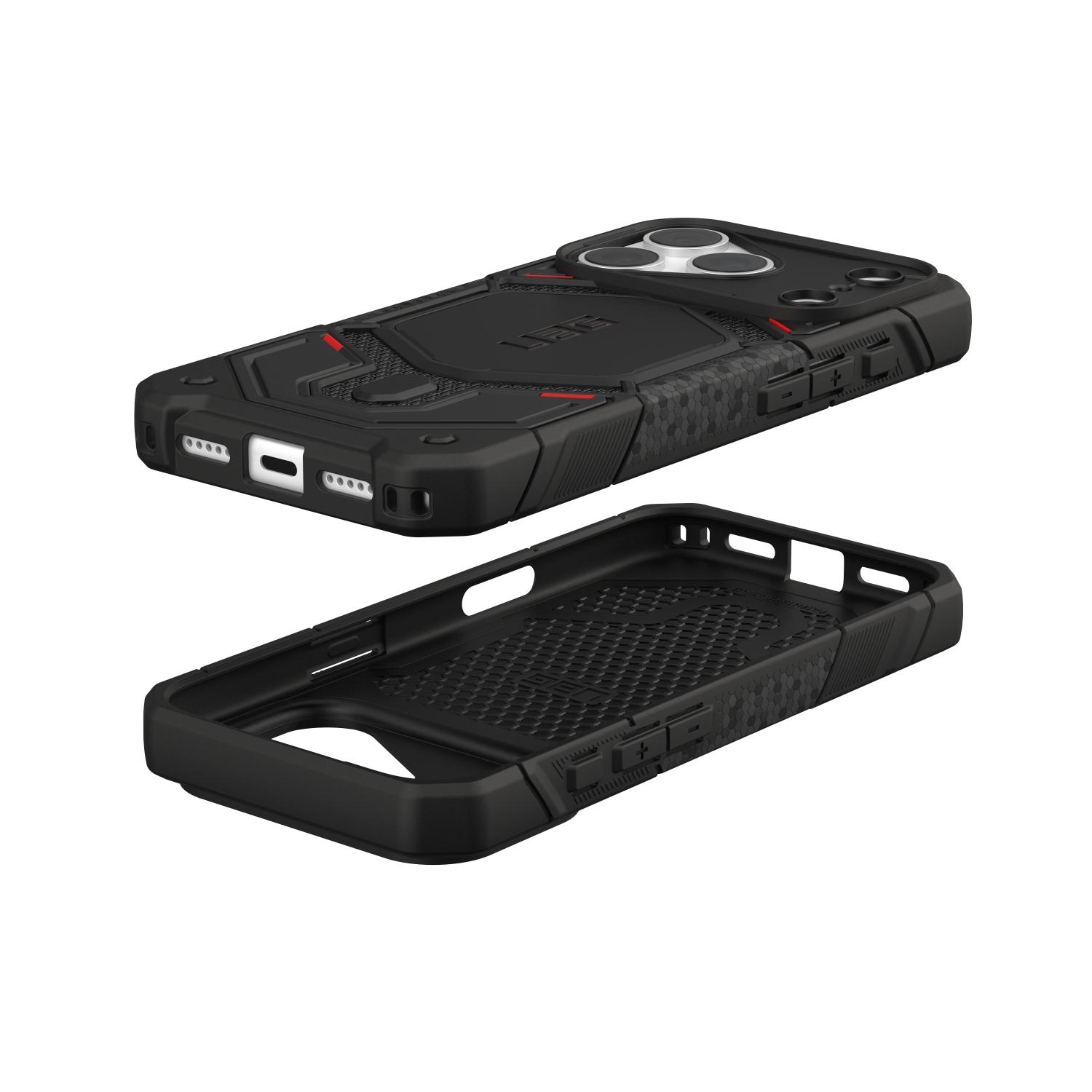 Kevlar Black UAG Monarch Pro MagSafe case shown fitted to an iPhone from the rear above a second empty case displaying the interior and bottom openings